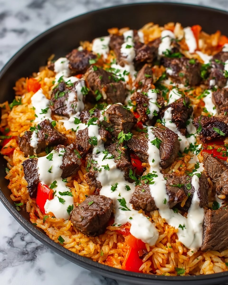 A close-up view of a dish in a white pan showing a base layer of fluffy orange rice mixed with small diced tomatoes. On top, there is a scattered layer of browned, grilled beef chunks with a slightly charred texture. Drizzled over the beef and rice is a light white creamy sauce, adding contrast to the rich colors. The dish is finished with a sprinkle of fresh green chopped herbs, giving a fresh look. The background is a white marbled surface photo taken with an iphone --ar 4:5 --v 7