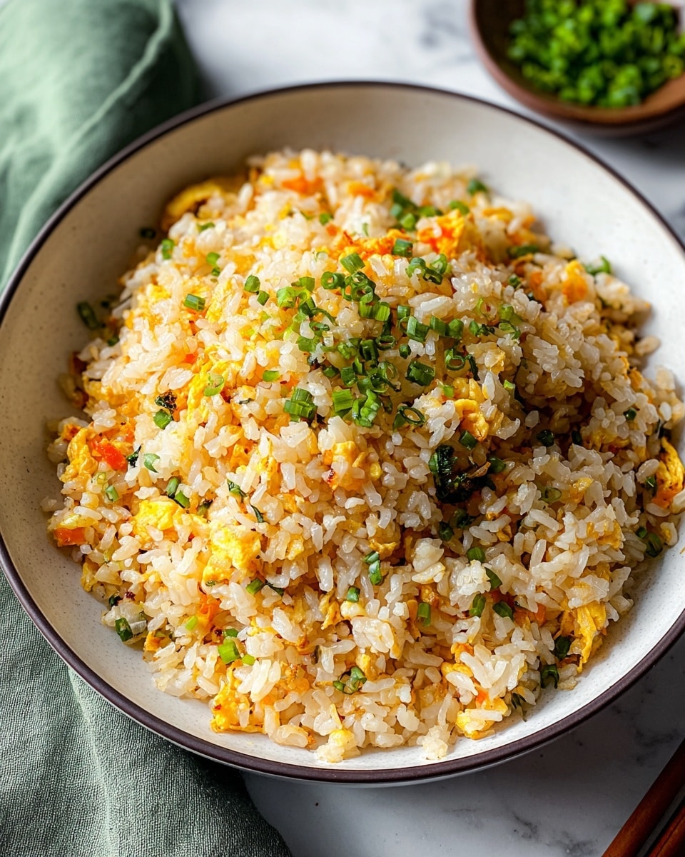 A white bowl filled with fried rice featuring visible layers of soft white rice grains mixed with small pieces of scrambled yellow egg, finely chopped green onions sprinkled on top, and tiny bits of orange carrot and black mushroom pieces scattered throughout, giving a textured look. The rice looks fluffy and well-cooked with bright colors, placed on a white marbled surface with a soft-focus background showing hints of other dishes. photo taken with an iphone --ar 4:5 --v 7