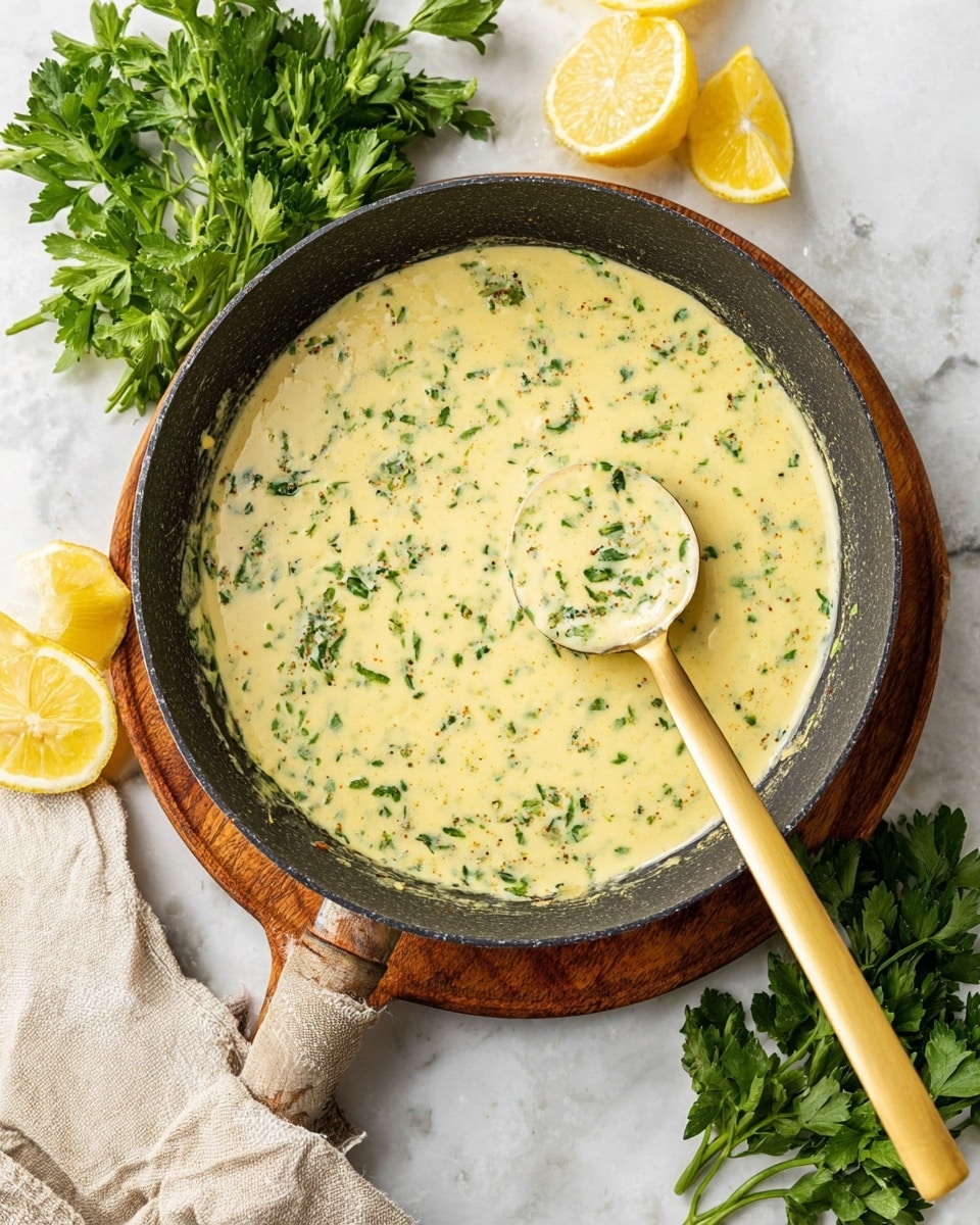 A top-down view of a black pan filled with creamy yellow sauce speckled with small green herb pieces, lying on a round wooden board on a white marbled surface. A long golden spoon rests inside the pan with some sauce in its shallow bowl. Surrounding the pan are fresh lemon wedges with a bright yellow color, a bunch of fresh green parsley leaves, and a folded beige cloth napkin. Photo taken with an iphone --ar 4:5 --v 7