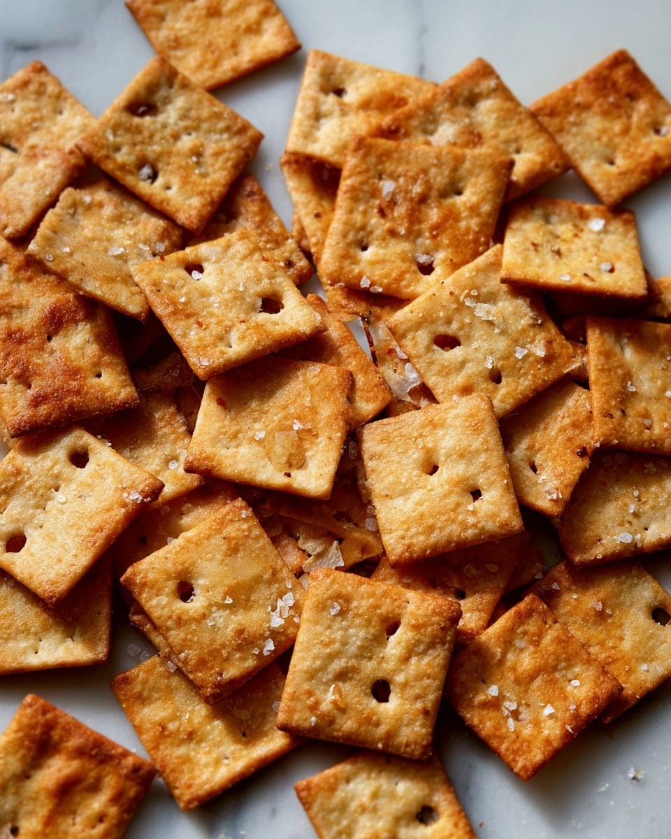 The image shows a pile of small, square crackers scattered on a white marbled surface. Each cracker is golden brown with a baked, crispy texture. They have a few small holes in the center and some salt crystals sprinkled on top, adding a slight sparkle. The crackers vary slightly in shade, from light golden to a deeper brown, showing their baked edges and toasted spots. The overall look is rustic and crunchy, with an inviting fresh-baked appearance. photo taken with an iphone --ar 4:5 --v 7