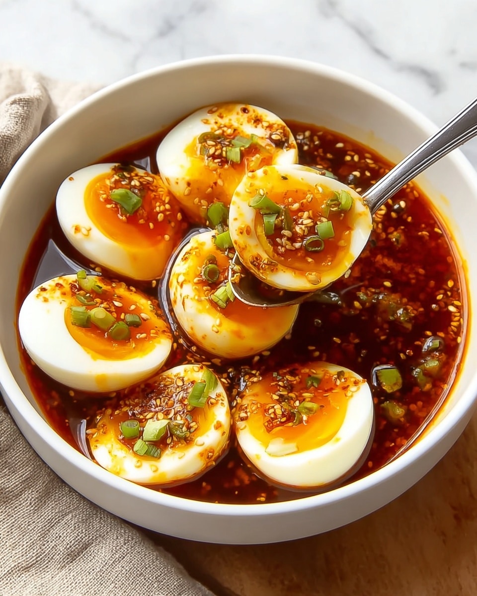 A white bowl filled with six soft-boiled eggs, three of which are halved showing bright orange, slightly runny yolks surrounded by firm white. The eggs sit in a thick, dark red sauce speckled with small sesame seeds and bits of chopped green onion. Two metal spoons hold one halved egg each above the bowl, coated with sauce, sesame seeds, and green onions. The bowl rests on a white marbled surface with a beige cloth nearby, creating a warm and inviting scene. Photo taken with an iphone --ar 4:5 --v 7