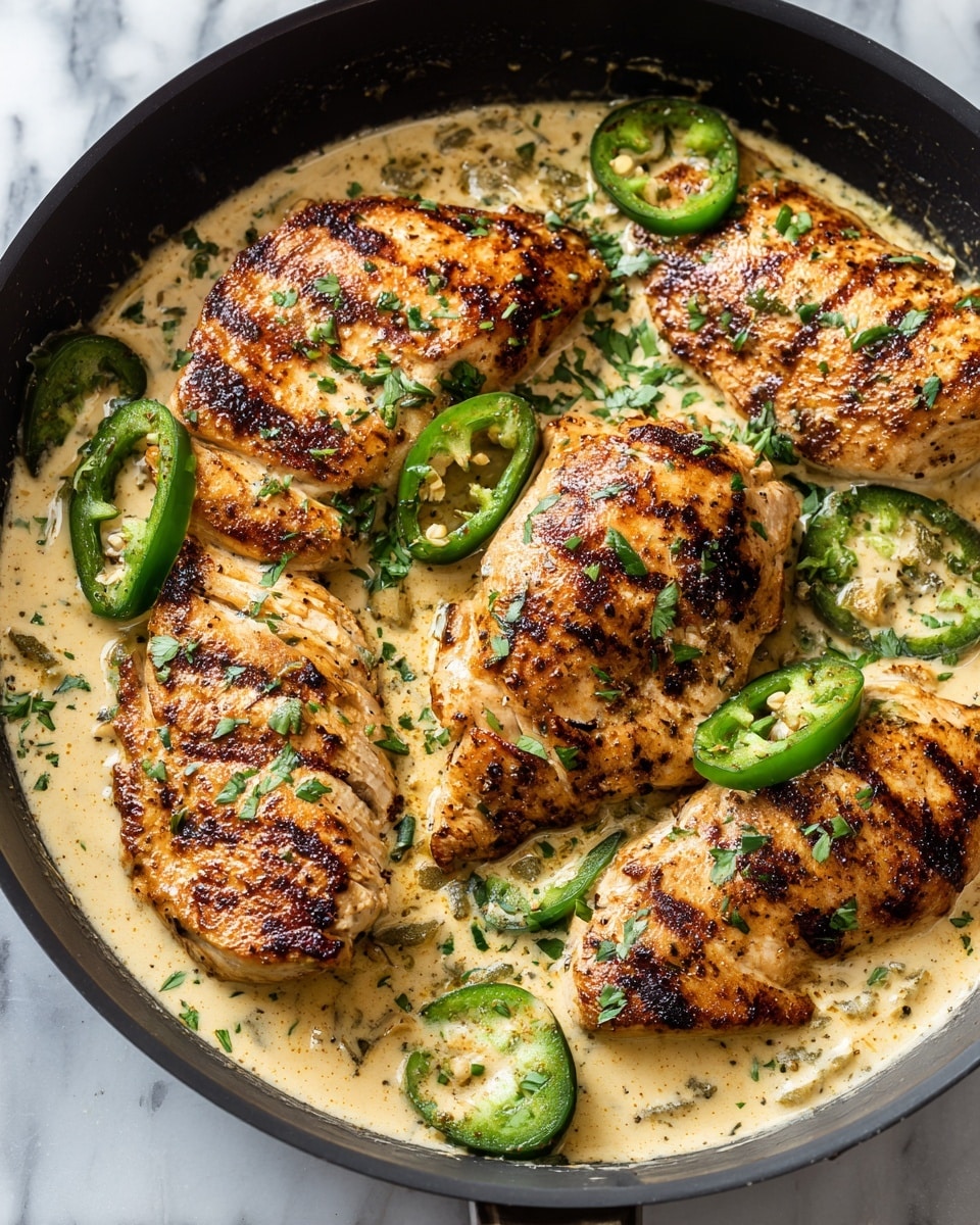 The image shows a black pan filled with several pieces of grilled chicken breast, each piece golden brown with clear grill marks and a slightly crispy texture on top. The chicken pieces are partially covered with a creamy, light beige sauce speckled with green herbs. Mixed among the chicken are several whole and sliced light green chili peppers, adding a fresh, vibrant contrast. The sauce looks thick and smooth, pooling at the bottom and coating the chicken evenly. The pan sits on a white marbled surface. Photo taken with an iphone --ar 4:5 --v 7