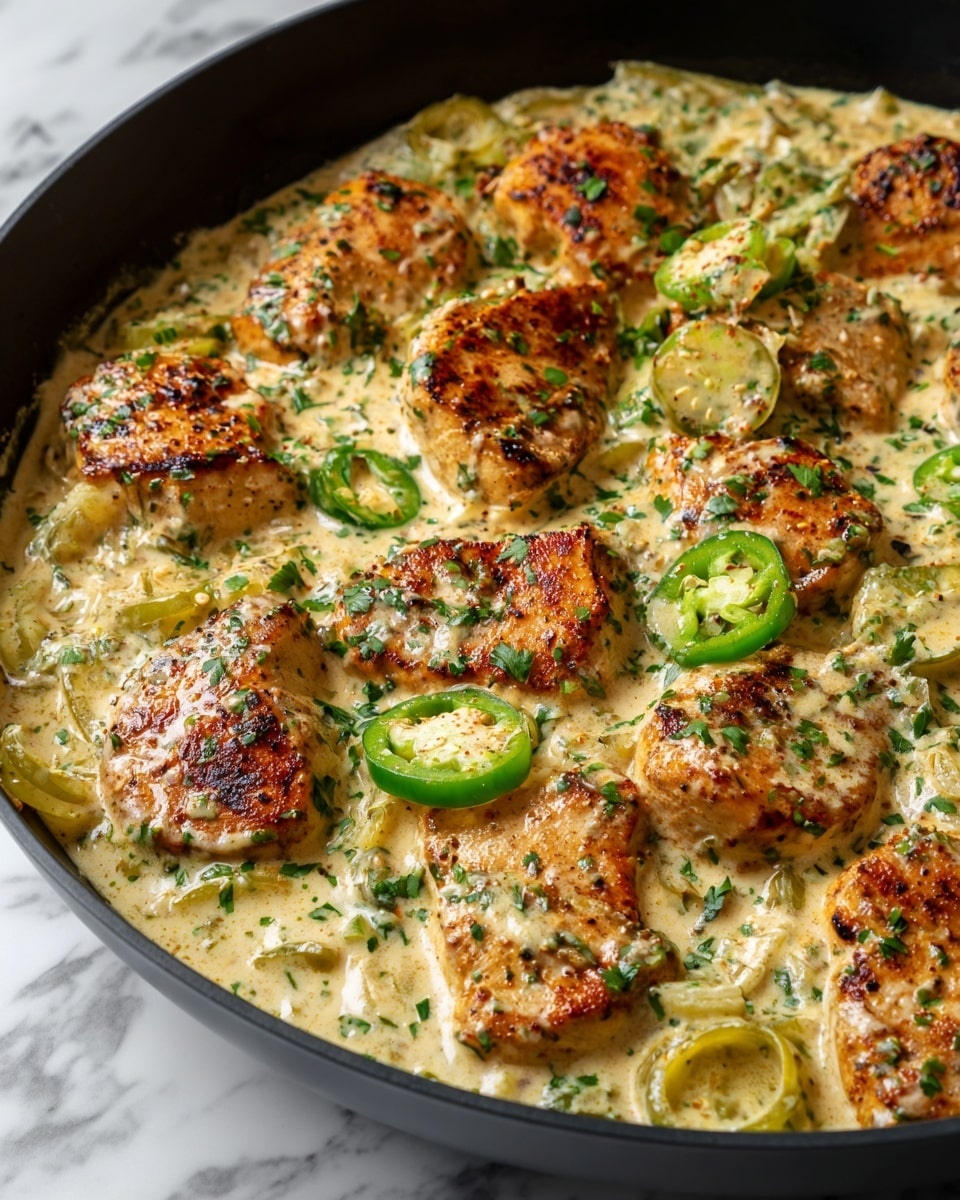 The image shows a close-up of cooked chicken breast pieces in a creamy sauce, all contained in a black skillet. The chicken pieces are golden brown with a seared texture on the top, scattered evenly across the pan in one layer. The sauce is thick and pale yellow, mixed with finely chopped green herbs and slices of bright green peppers, spread throughout the dish. The creamy sauce coats the chicken and peppers well, with a slightly glossy finish. The background surface is a white marbled texture. photo taken with an iphone --ar 4:5 --v 7