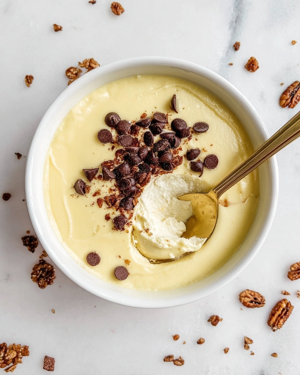 A round white bowl filled with a smooth, creamy pale yellow dessert with a slightly wrinkled surface. On top, a cluster of dark brown and black crunchy toppings is arranged mostly to one side, including chocolate chips and nuts or seeds. Some small pieces of the crunchy topping are scattered around the bowl on a white marbled surface. A shiny gold spoon rests next to the bowl. Photo taken with an iphone --ar 4:5 --v 7
