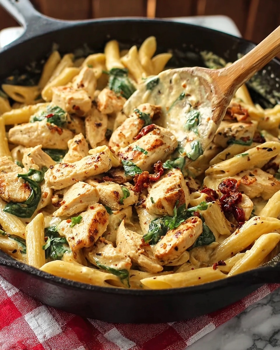 A black cast-iron skillet filled with creamy pasta and chicken. The dish has three main layers: the base of penne pasta with a light yellow color, tender grilled chicken pieces with a golden-brown grilled texture scattered evenly, and a creamy sauce coating everything with visible green spinach leaves and bits of sun-dried tomatoes adding pops of dark red. A wooden spoon is stirring the mixture from the top right with some sauce sticking to it, and the skillet rests on a red and white checkered cloth on a white marbled surface. photo taken with an iphone --ar 4:5 --v 7