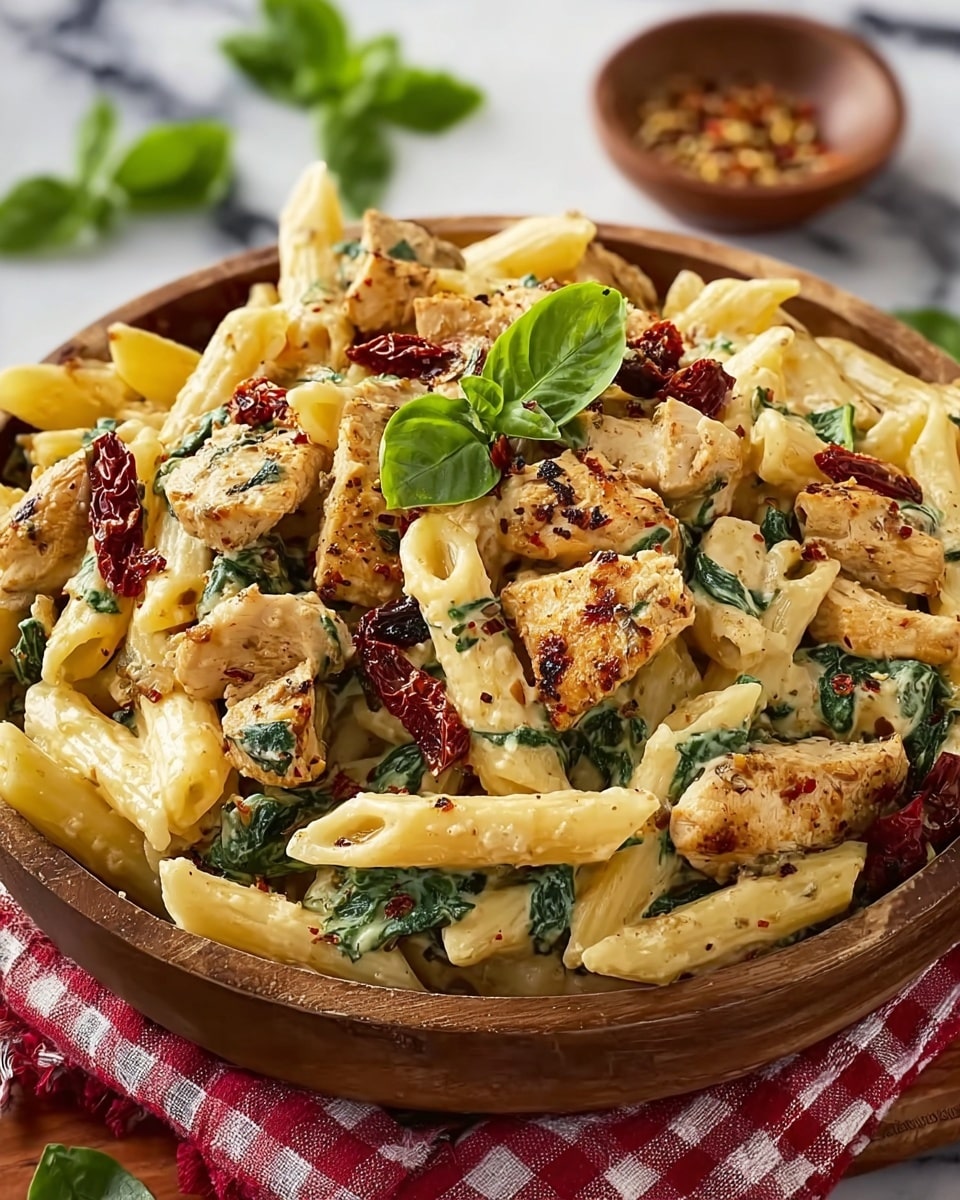 The dish shows a wooden bowl filled with creamy penne pasta, featuring two main layers: the bottom layer is golden, sauce-coated pasta with green spinach mixed in, and the top layer includes browned chicken pieces scattered evenly, along with dark red sun-dried tomatoes and fresh green basil leaves placed as garnish. The textures are smooth and creamy for the pasta, while the chicken looks grilled and slightly crispy. The bowl is set on a red-and-white checkered cloth on a white marbled surface, with a blurred background showing a small round bowl with spices, and a few basil leaves. photo taken with an iphone --ar 4:5 --v 7