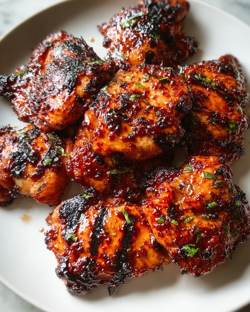 A white plate filled with seven pieces of grilled chicken thighs, each piece showing a shiny, caramelized dark reddish-brown sauce with blackened char marks. The chicken has a slightly bumpy texture from the grill, and the edges look crispy. Small flecks of green herbs are sprinkled over the top, adding contrast to the rich colors. The plate is on a white marbled surface, and the light highlights the glossiness and grill marks on the chicken pieces. photo taken with an iphone --ar 4:5 --v 7