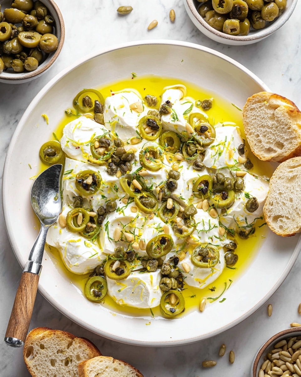 The dish shows a white round plate filled with soft white cheese pieces that have a creamy texture. These are covered with green sliced olives and small dark capers scattered on top. The cheese and toppings are sitting in a pool of yellow olive oil. Some small pine nuts and lemon zest are sprinkled over everything. A metal spoon with a wooden handle rests on the plate's edge, and sliced bread pieces lie nearby. The plate is placed on a white marbled surface with bowls holding pine nuts and capers in the background. photo taken with an iphone --ar 4:5 --v 7
