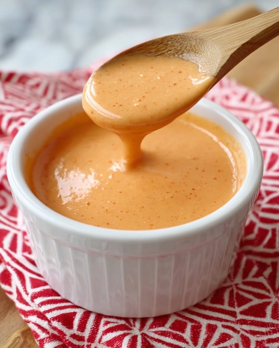 A white ceramic ramekin filled with smooth, thick, creamy orange sauce. A wooden spoon is lifted above the ramekin, holding a generous spoonful of the sauce which shows a glossy and slightly speckled texture. The ramekin sits on a red and white geometric patterned cloth, with the cloth partly visible in the background against a white marbled surface. The sauce appears uniform in color and texture, with no visible layers. photo taken with an iphone --ar 4:5 --v 7