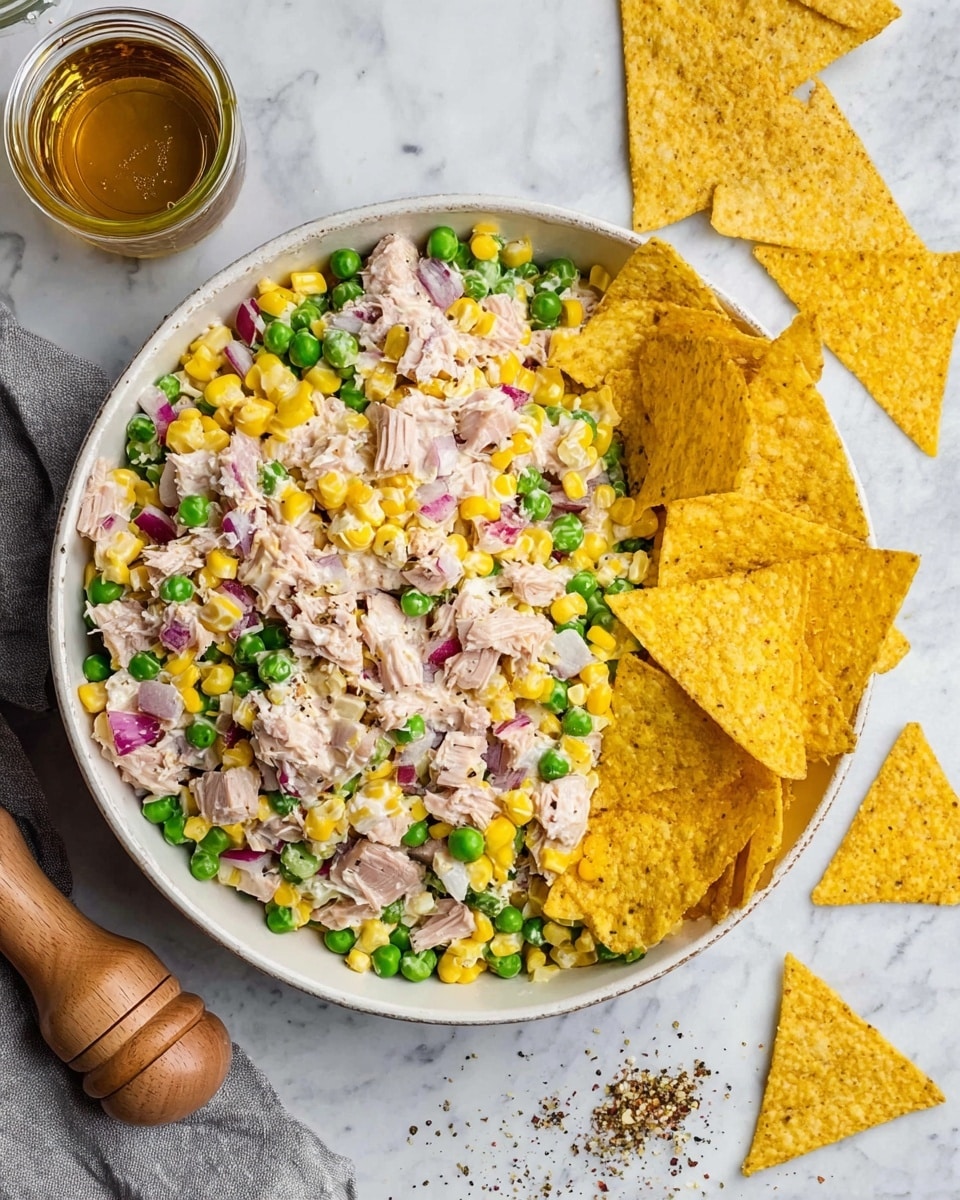 A large white bowl filled with a mixed salad that has three main layers: the bottom layer contains green peas and yellow corn scattered throughout, the middle layer includes chunks of light pink tuna and small pieces of red onion, and the top layer is a creamy dressing with visible black pepper sprinkled on it. On the right side of the bowl, several large yellow tortilla chips are placed both inside and outside on a white marbled surface. Nearby, a wooden pepper grinder and a glass container with honey or oil are partially visible. Two triangle-shaped tortilla chips with a coarse texture and some seasoning crumbs lie on the white marbled background near the bowl. photo taken with an iphone --ar 4:5 --v 7
