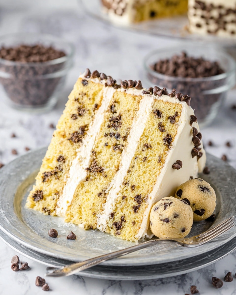 A slice of four-layer chocolate chip cake sits on a white plate with a slightly shiny metal texture. Each cake layer is yellow with many small dark chocolate chips inside. Between each cake layer is a light cream-colored frosting, smooth and thick. The top of the slice is also covered with this frosting and sprinkled with more mini chocolate chips. Beside the cake slice, there are small round cookie dough balls with dark spots, and a silver fork rests on the plate’s right side. The background has a white marbled texture with some clear glass bowls holding chocolate chips blurred out. Photo taken with an iphone --ar 4:5 --v 7