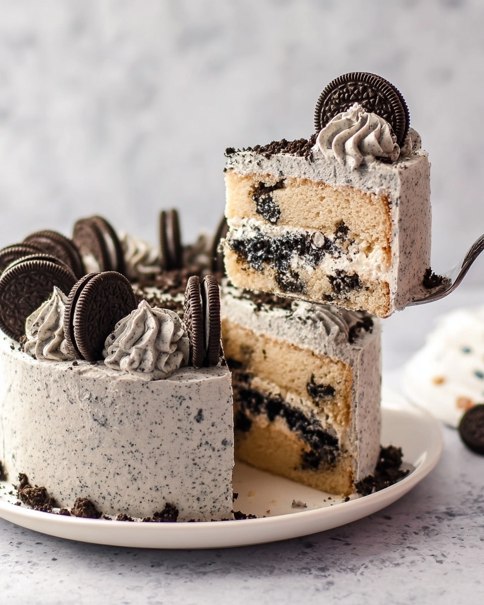 The image shows a round, two-layer cookies and cream cake with a grayish frosting mixed with black cookie crumbs covering the entire cake. Each layer is light tan with visible black cookie pieces mixed in. The cake has alternating swirls of the same cookies and cream frosting and whole chocolate sandwich cookies standing upright on top, forming a circle around the edge. A slice is lifted by a fork, revealing the two cake layers with frosting in between, and a swirl of frosting topped with a whole cookie on the slice’s side. The cake sits on a white plate on a white marbled surface. Photo taken with an iphone --ar 4:5 --v 7