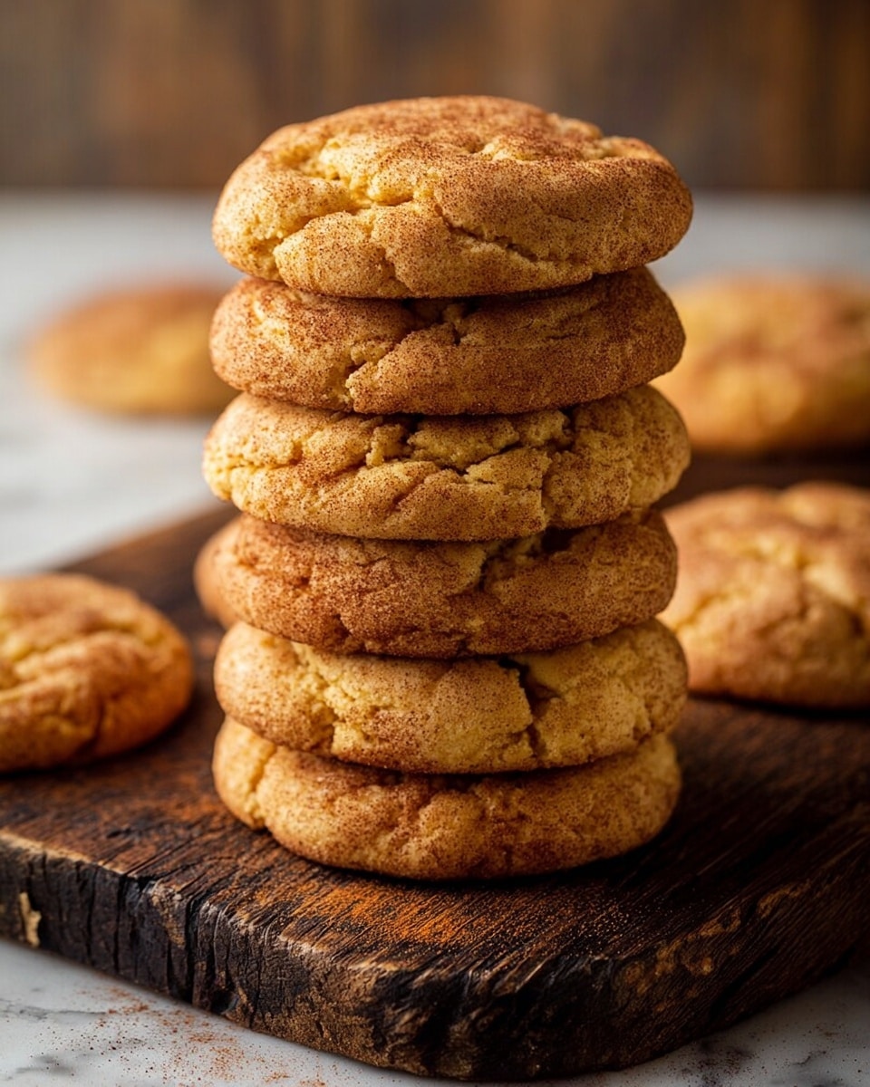 A tall stack of seven thick, round cookies with a golden brown color and a rough, cracked surface sits on a dark, rustic wooden board. Each cookie has a slightly puffy texture with some darker cinnamon or spice powder sprinkled unevenly on the top cookie. There are a few more cookies blurred in the background on the wooden board. The entire scene is set on a white marbled textured surface. photo taken with an iphone --ar 4:5 --v 7