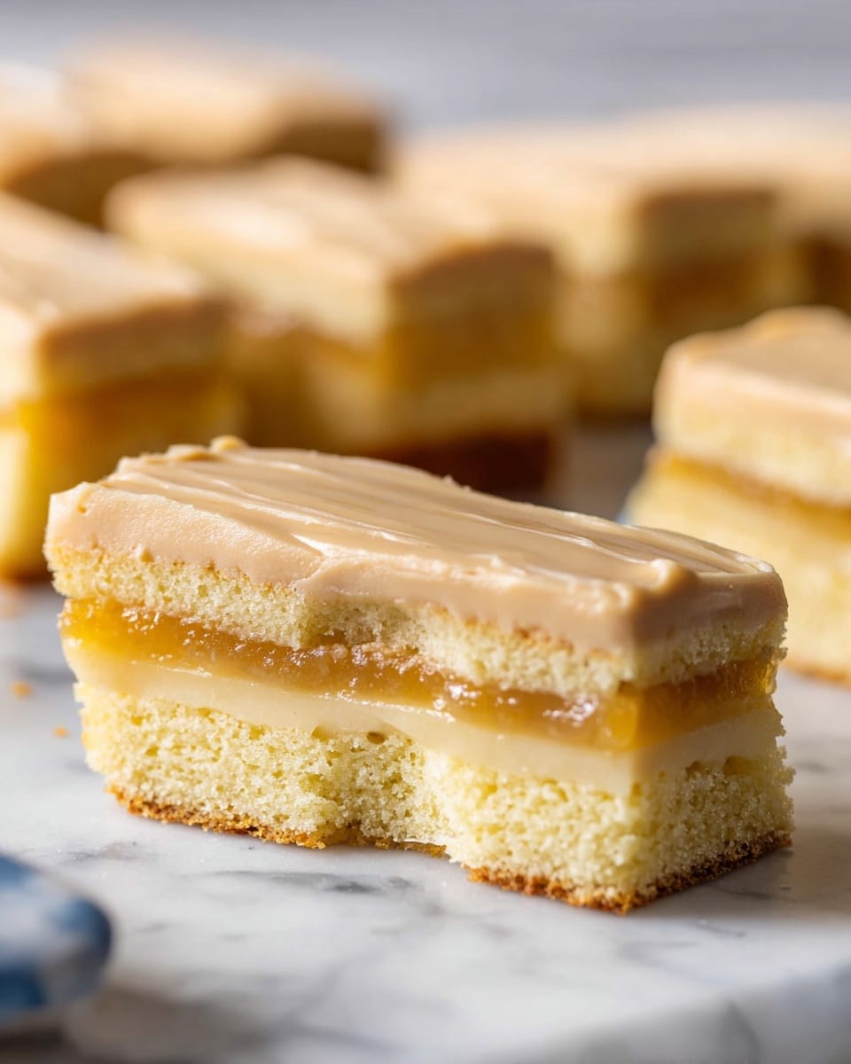 The image shows rectangular cake slices arranged on a white marbled surface. Each slice has three distinct layers: a thick bottom layer of soft, light golden yellow cake, a thin middle layer of translucent golden jam, and a thick top layer of smooth, creamy light brown frosting that slightly overhangs the edges. The front slice is partially eaten, showing the layers clearly. The background is softly blurred with more slices visible. photo taken with an iphone --ar 4:5 --v 7