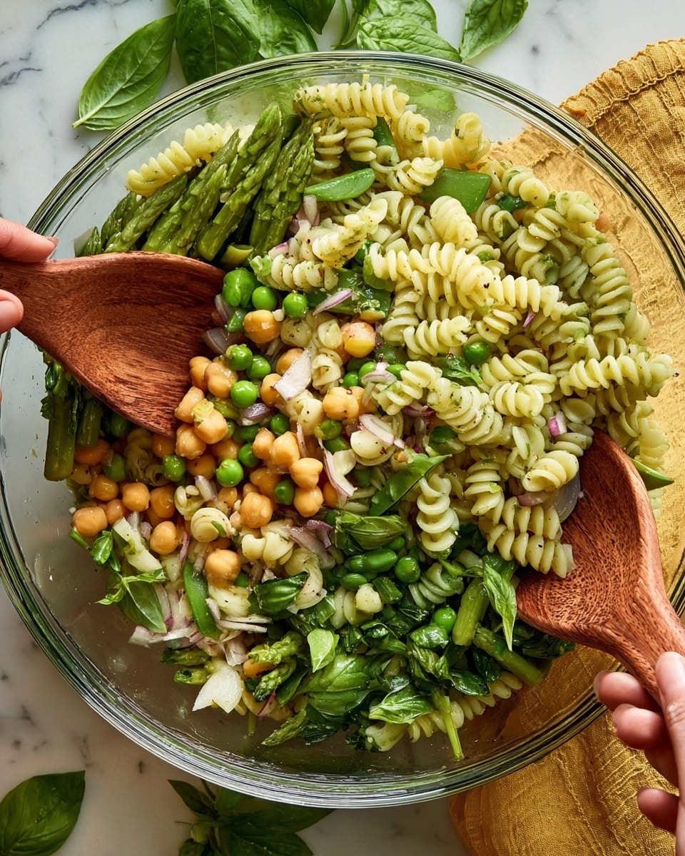 A clear glass bowl filled with a pasta salad that has three main layers: the top layer shows pale green spiral pasta mixed with green peas and chickpeas; the middle layer includes pieces of light green asparagus and chopped red onions; the bottom layer has bright green fresh basil leaves scattered throughout. Two wooden spoons are lifting some of the pasta salad, and two woman's hands are holding the wooden spoons near the top edges of the bowl. The bowl rests on a surface with a white marbled texture, with a few green basil leaves and a yellow cloth napkin partially visible around the bowl. Photo taken with an iphone --ar 4:5 --v 7