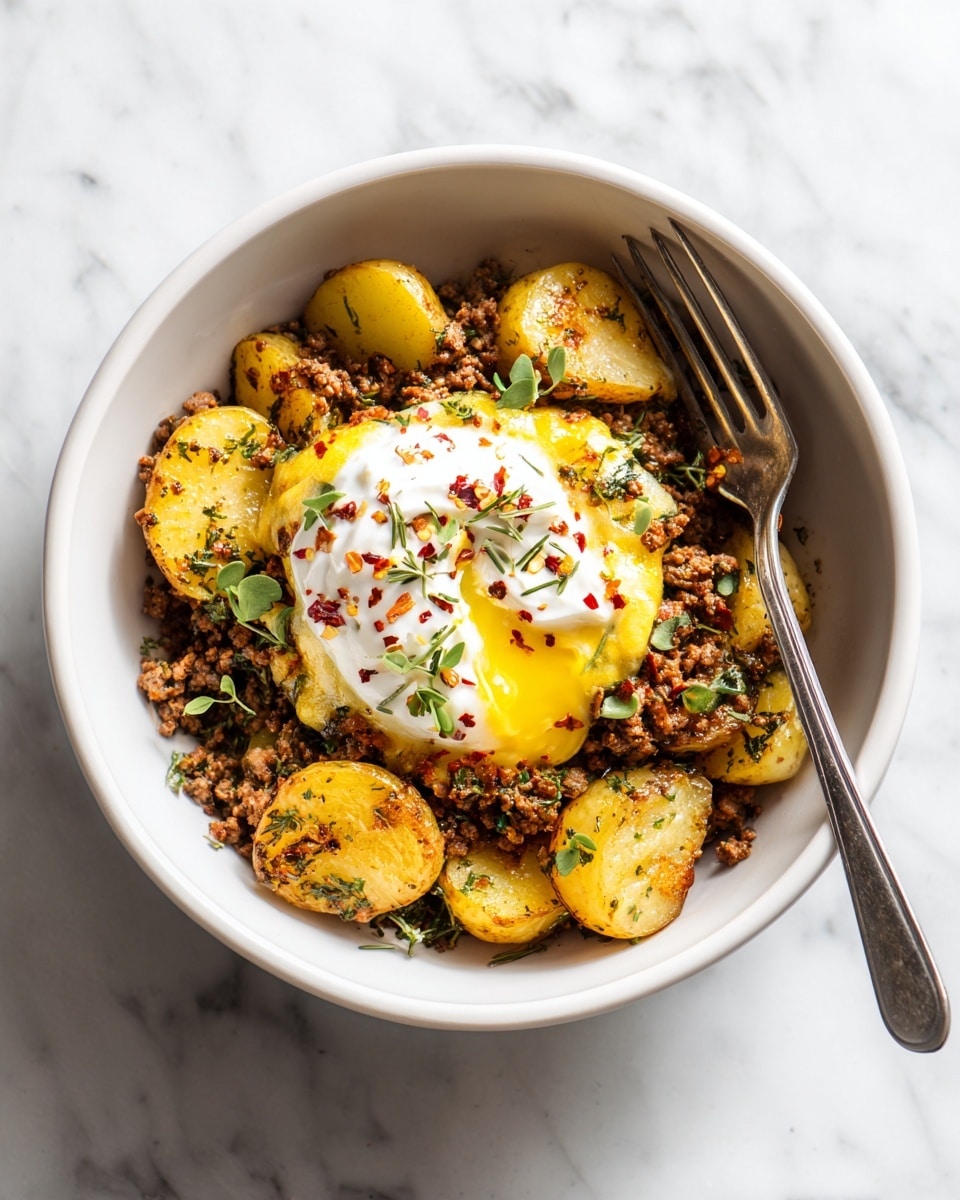 A white bowl filled with a layer of seasoned ground beef mixed with herbs, surrounded by golden roasted potato halves arranged evenly around the edge. On top of the beef and potatoes is a melted blend of yellow and white cheese, with a large dollop of white sour cream in the center, sprinkled with small green herb leaves and red spice flakes. A silver fork rests on the right edge of the bowl, all set on a white marbled surface. photo taken with an iphone --ar 4:5 --v 7