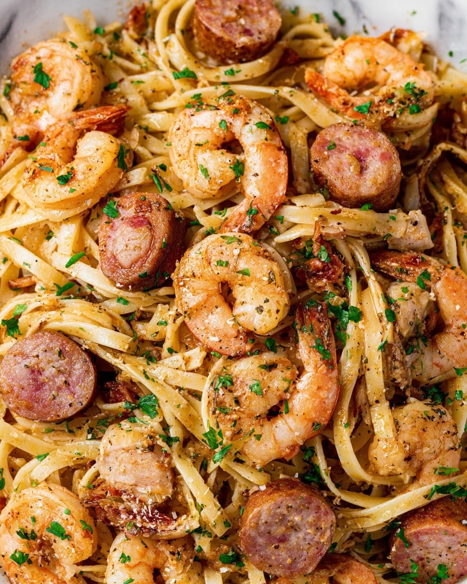 This dish shows a close-up of linguine pasta mixed with large shrimp and slices of sausage, all coated in a light red sauce. The pasta is pale yellow, tangled in curly strands spread evenly throughout. The shrimp are plump, pink with a slight orange tint, placed all over the pasta, each one showing its curved shape. The sausage slices are round with a browned surface, scattered around the dish. Small bits of green parsley leaves are sprinkled on top, adding contrast. There are also small seasoning flakes and herbs visible over everything, giving a textured look. The background is a white marbled texture. photo taken with an iphone --ar 4:5 --v 7
