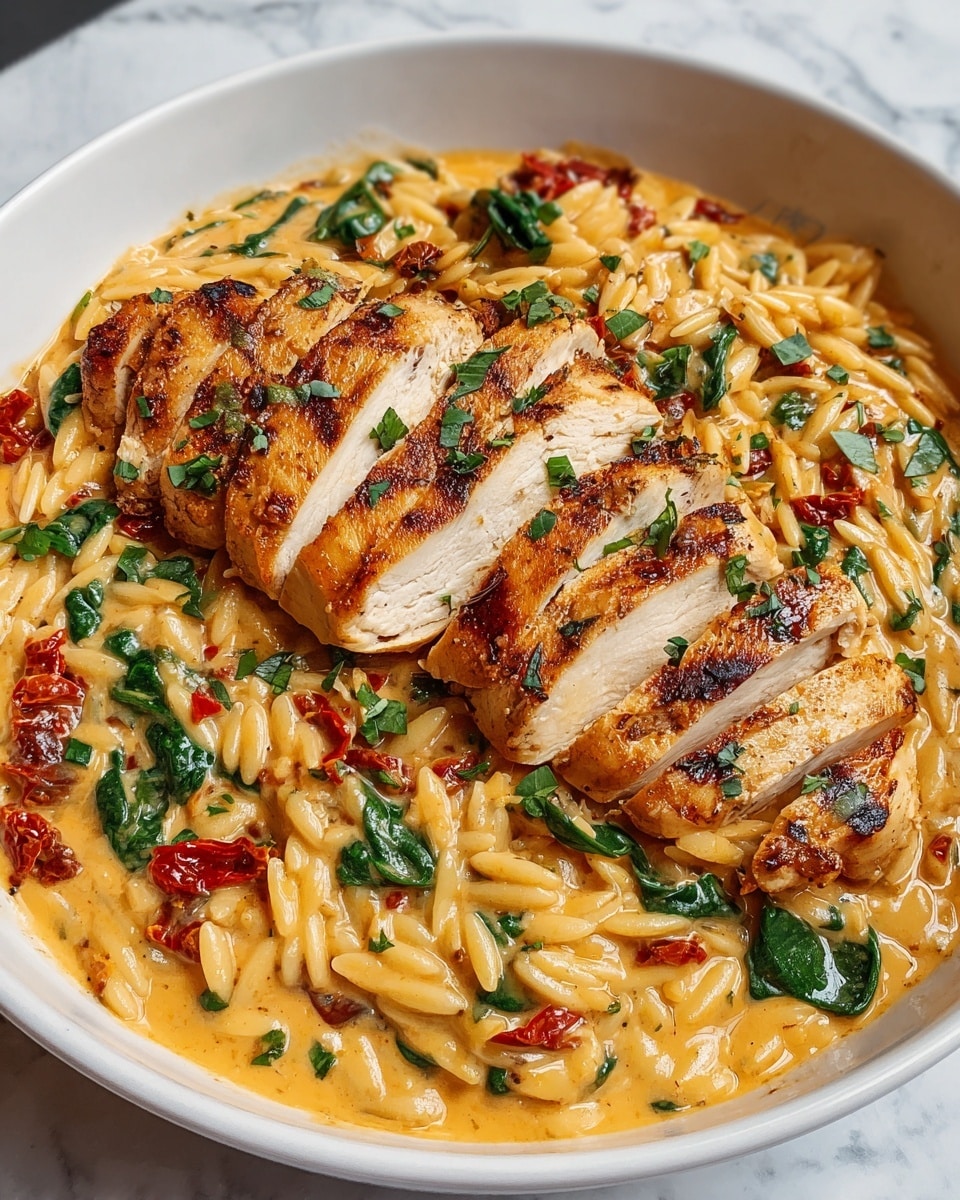 The dish shows a white bowl filled with creamy orzo pasta mixed with small pieces of bright red sun-dried tomatoes and fresh green spinach leaves, all coated in a smooth light orange sauce. On top, there are several slices of golden-brown grilled chicken breast arranged neatly in a row, showing a juicy texture with some grill marks and sprinkled with small green herb pieces. The bowl sits on a white marbled surface, adding a clean and bright background to the warm, colorful food. photo taken with an iphone --ar 4:5 --v 7