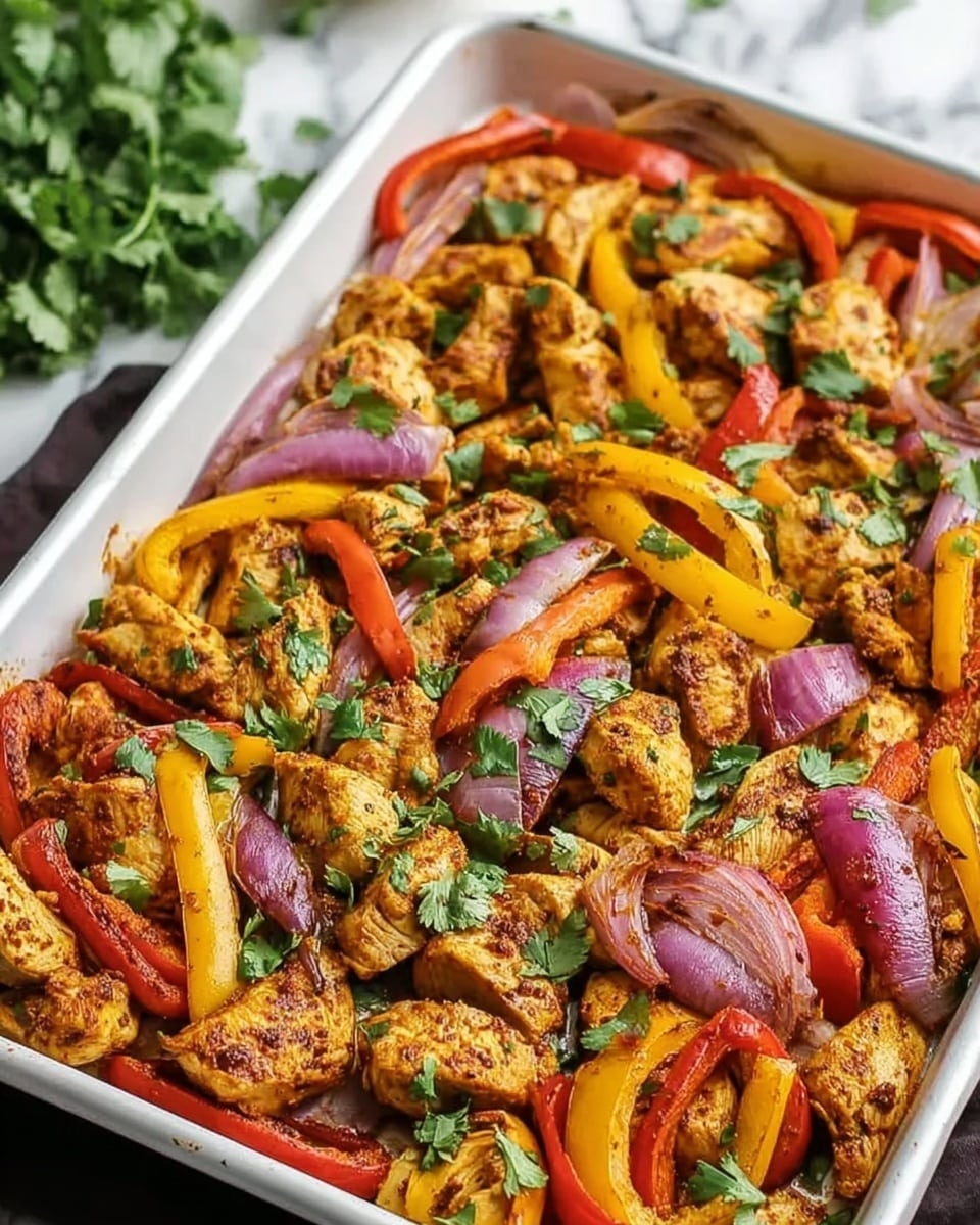 The image shows a white baking tray filled with cooked chicken pieces mixed with sliced red, yellow, and orange bell peppers and red onion slices. The chicken is seasoned with spices giving it a light brown to golden color, and the bell peppers add vibrant red, yellow, and orange tones. Fresh green cilantro leaves are scattered on top, adding a pop of color. The tray rests on a white marbled surface with some green herbs blurred in the background. The texture of the chicken looks juicy and tender, while the vegetables appear soft but still slightly crisp. Photo taken with an iphone --ar 4:5 --v 7