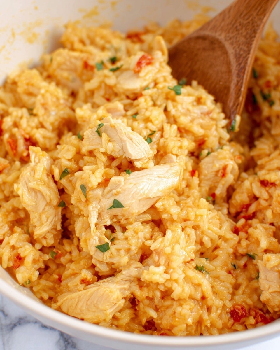 This dish shows a close-up of a soft and creamy rice mix with cooked chicken pieces throughout. The rice is yellow-orange, mixed with bits of red which might be small pieces of tomato or pepper. The chicken slices are light beige with a tender texture, spread evenly on top and inside the rice. Small green herb bits are scattered over the dish for a fresh look. A wooden spoon is partially visible, resting in the creamy rice mixture inside a white bowl. The background is a white marbled texture. photo taken with an iphone --ar 4:5 --v 7