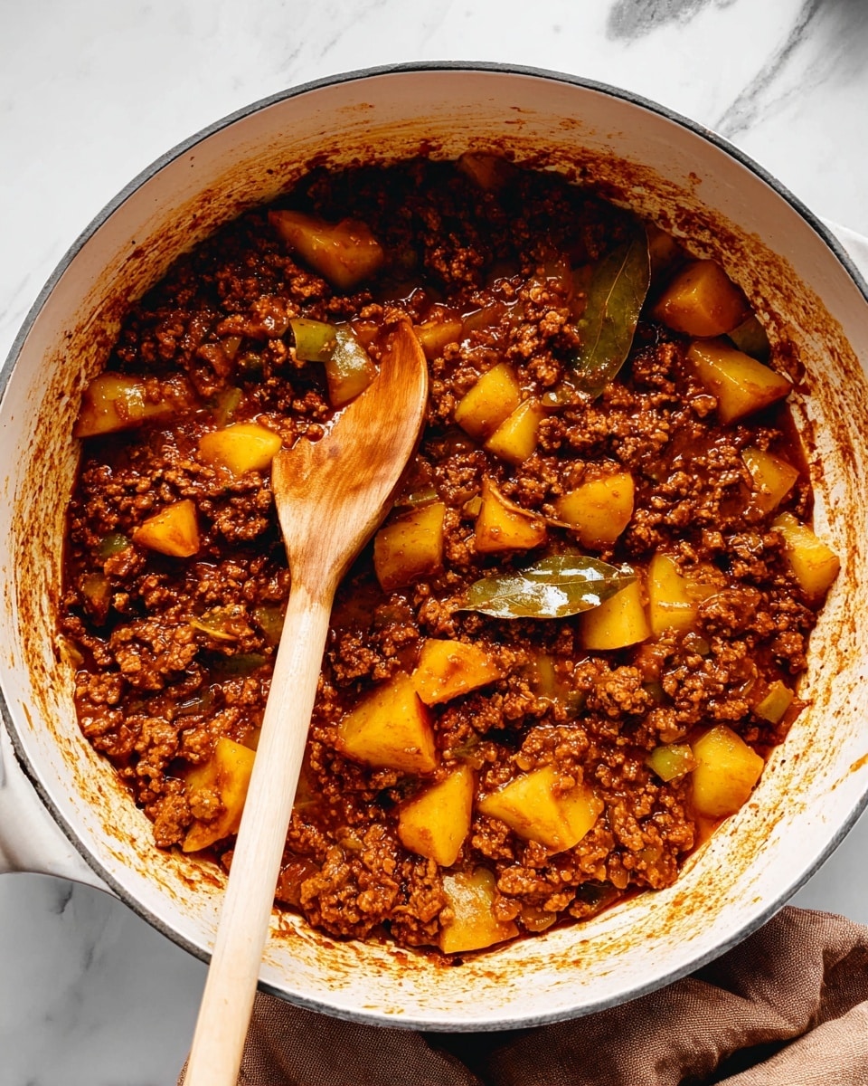 A white pot filled with a thick mixture of brown ground meat and chunks of cooked yellow potatoes, mixed with small green vegetable pieces and a few visible bay leaves. The food has a rich, glossy reddish-brown sauce coating the ingredients. A light-colored wooden spoon rests inside the pot, partially stirring the mix, with sauce marks around the edges of the pot. The pot is placed on a white marbled surface with a folded brown cloth nearby. Photo taken with an iphone --ar 4:5 --v 7