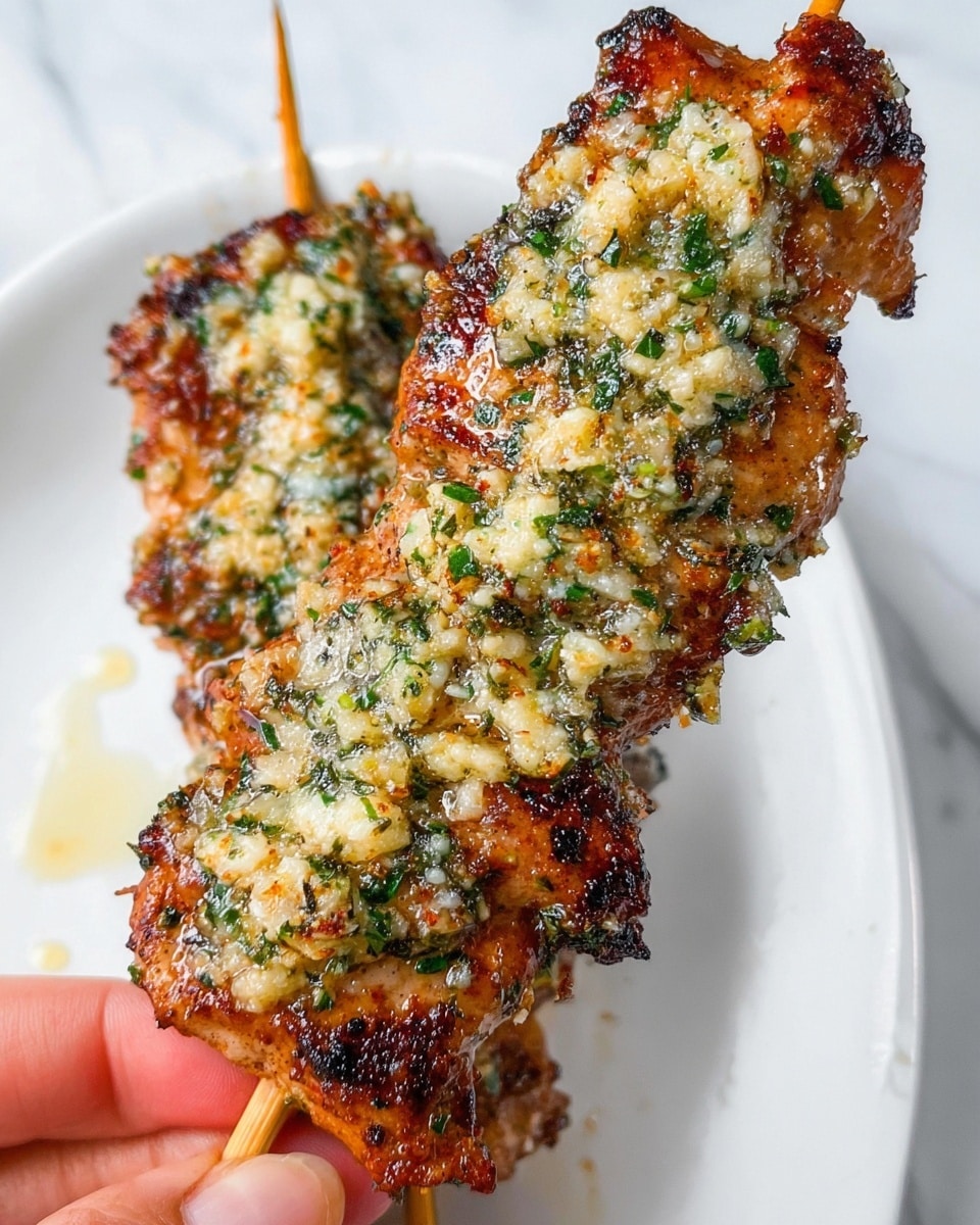 A close-up of two grilled chicken skewers held by a woman's hand, each skewer showing a thick layer of cooked, browned chicken with a crispy, slightly charred texture. The chicken is covered with a chunky topping that looks like chopped garlic, herbs, and possibly some Parmesan cheese, giving it a textured, speckled look with green, white, and red bits scattered across the surface. The skewers rest on a white plate, and the background is a clean white marble surface with some small oil droplets around. Photo taken with an iphone --ar 4:5 --v 7