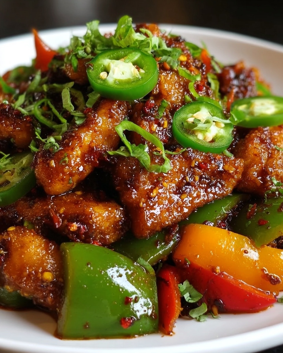 A close-up view of a white plate filled with a spicy stir-fry dish featuring three main layers: at the bottom, large chunks of green and orange bell peppers with a smooth, slightly shiny surface; next, golden-brown crispy chicken pieces coated in a dark, glossy sauce with visible spices; on top, thin slices of fresh green jalapeño peppers and small chopped bright green herbs scattered evenly, adding freshness and contrast. The whole dish has a rich, textured look with a mix of shiny and matte finishes, set on a white marbled texture. Photo taken with an iphone --ar 4:5 --v 7