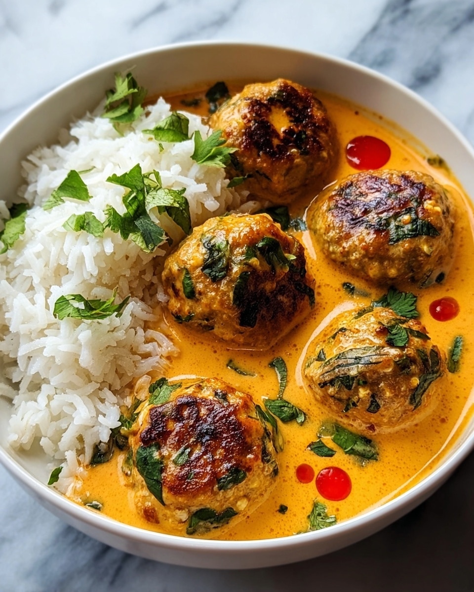 A white bowl filled with steamed white rice on one side and six browned meatballs covered with a creamy orange sauce on the other. The meatballs are round with some char marks and sprinkled with chopped green herbs. The sauce is smooth and thick with a few small red drops scattered on its surface. The bowl is placed on a white marbled surface. photo taken with an iphone --ar 4:5 --v 7