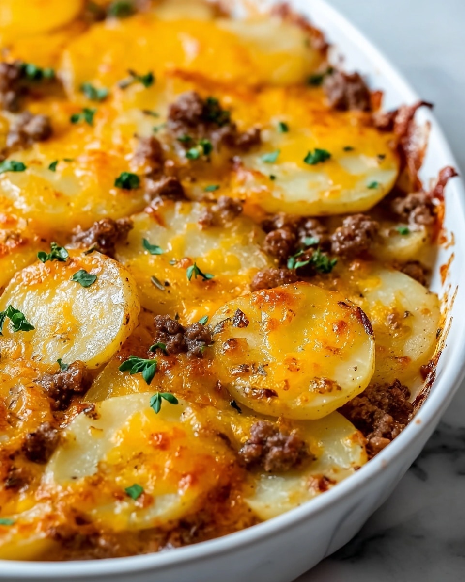 A close-up view of a layered potato casserole in a white dish, featuring thin slices of pale yellow potatoes arranged in layers with browned edges. Between the potato slices, there are small chunks of cooked brown ground meat evenly spread out. The top layer is covered with melted bright orange-yellow cheese that has some browned bubbly spots. Small bits of fresh green herbs are sprinkled on top, adding color contrast. The dish rests on a white marbled surface. Photo taken with an iphone --ar 4:5 --v 7