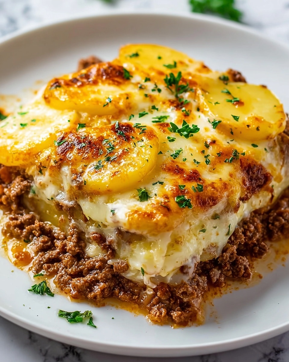 The image shows a close-up of a cheesy layered dish on a white plate, placed on a white marbled surface. The bottom layer is a brown, crumbly cooked ground meat, topped with a layer of thin, round, yellow potato slices. The top layer is melted, browned cheese that covers the potatoes and meat, with small patches of green herbs sprinkled across the surface, adding color contrast and freshness. The cheese looks gooey and slightly golden, with some browned spots showing crusty texture. Photo taken with an iphone --ar 4:5 --v 7