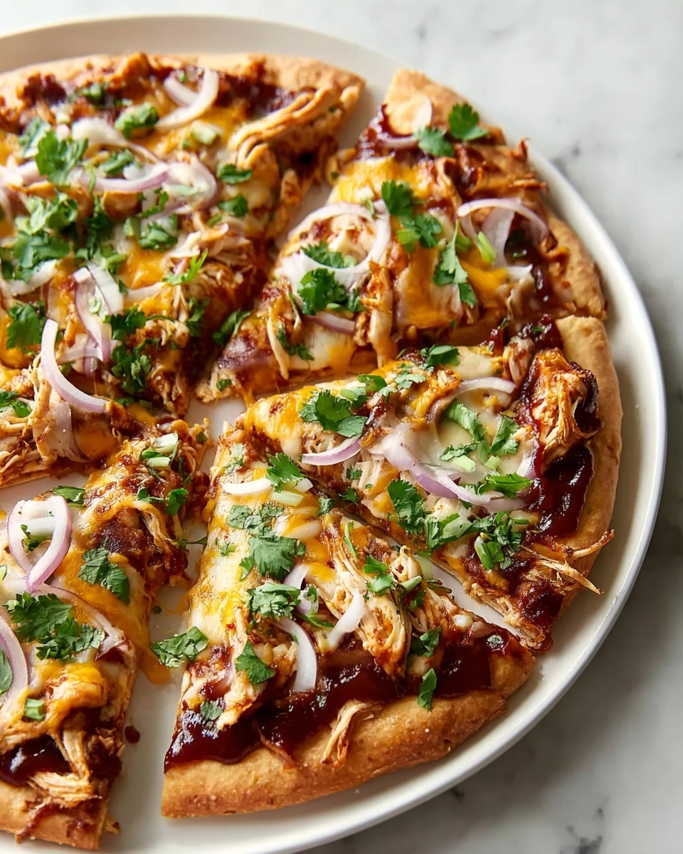 A sliced pizza with a golden brown crust forms the base layer. Above this crust, there is a layer of dark red barbecue sauce evenly spread, followed by a generous layer of melted yellow and white cheese. On top, shredded pieces of cooked chicken are scattered, mixed with thin, circular slices of light purple onion. The pizza is garnished with chopped fresh green cilantro leaves spread evenly over the top. The pizza is served on a white plate sitting on a white marbled surface. photo taken with an iphone --ar 4:5 --v 7