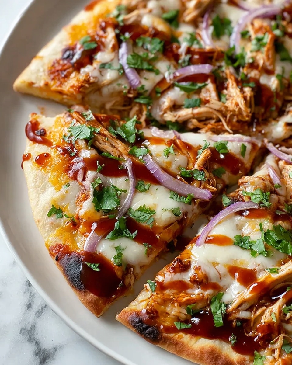 A close-up of a sliced flatbread pizza on a white plate, laid on a white marbled surface. The pizza has one main layer of golden-brown flatbread base with visible slightly crisp edges. On top, there is a rich layer of melted cheese that is creamy white with a few golden browned spots. There are bright reddish-brown barbecue sauce streaks drizzled across the surface. Evenly spread on top are shredded pieces of lightly browned cooked chicken. Thin slices of purple-red onion are placed around the chicken. Fresh green chopped parsley or cilantro is sprinkled evenly over the whole pizza, adding a fresh pop of color. The focus is on the texture contrasts between the juicy chicken, creamy melted cheese, and the soft bread, with grill marks visible from the sauce. Photo taken with an iphone --ar 4:5 --v 7