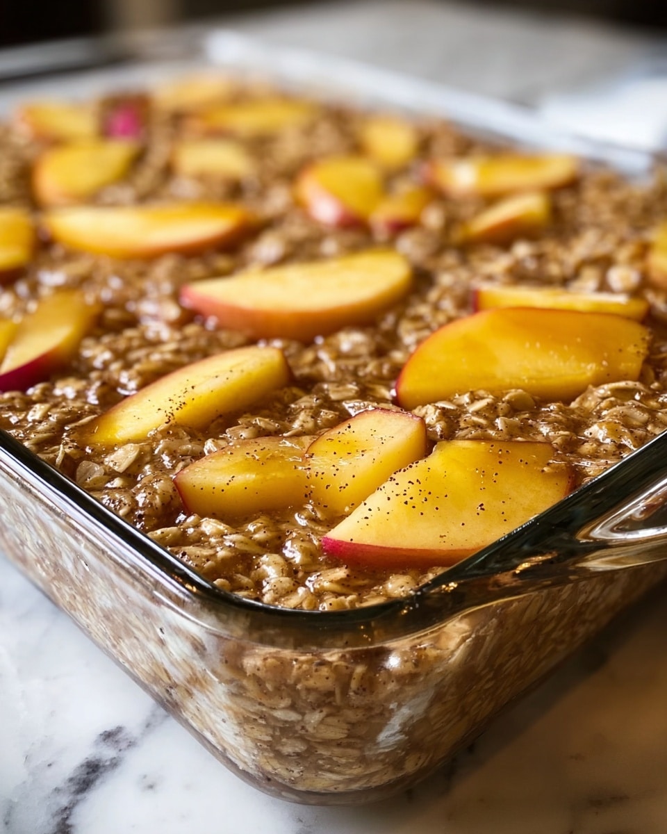 A close-up view of a baked oatmeal dish in a clear rectangular glass dish, showing a thick single layer with a dense texture filled with oats and sliced yellow and red apple pieces scattered on top. The apples look soft and slightly cooked with a light glaze, sprinkled with tiny black specks of cinnamon or vanilla. The dish is set on a white marbled surface, giving a clean and bright background. photo taken with an iphone --ar 4:5 --v 7