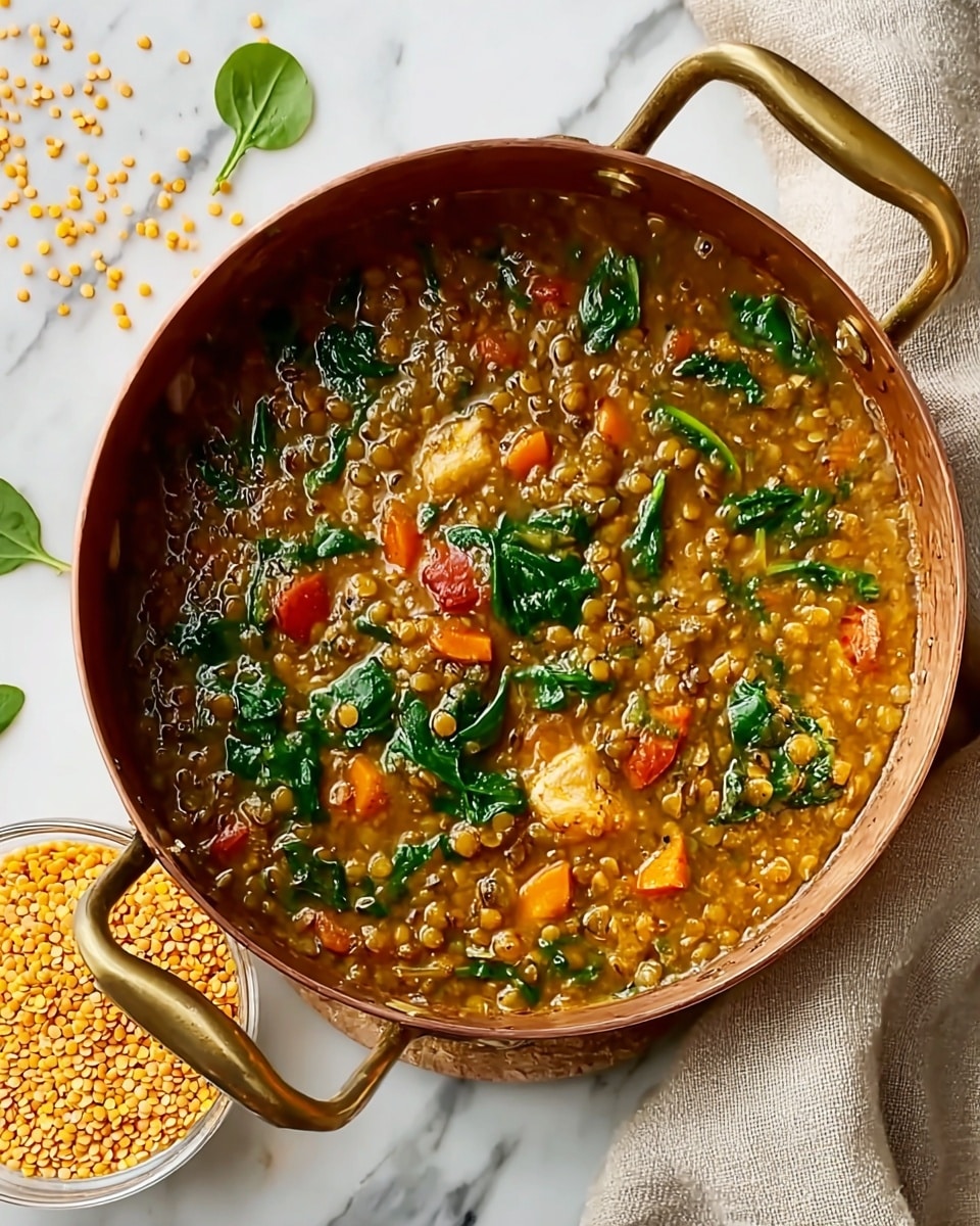 A copper pot with golden handles filled with a thick lentil stew sitting on a white marbled surface. The stew has three main layers: a base of cooked lentils in a light brown, slightly glossy broth, dotted throughout with tender chunks of light brown chicken; scattered bright green spinach leaves adding fresh color contrast; and small pieces of orange carrots and red tomatoes, giving a pop of warmth. Next to the pot is a small clear glass bowl filled with dry yellow lentils, with some lentils scattered around on the white marbled surface. A soft beige cloth peeks from under the pot. Photo taken with an iphone --ar 4:5 --v 7