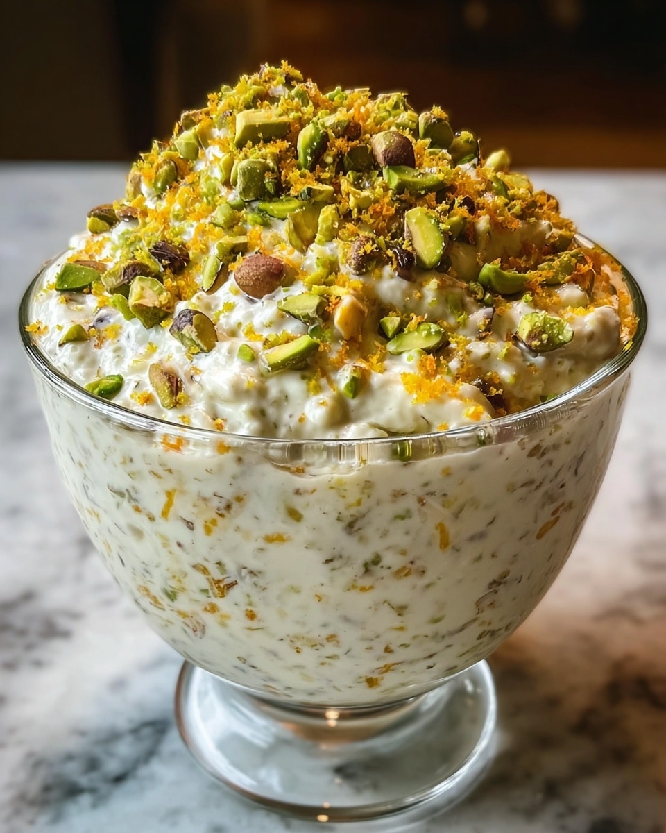 A clear glass bowl filled with a creamy white mixture that has small specks of green and brown distributed throughout, suggesting chopped nuts or seeds mixed inside. On the top, there is a thick layer of the same creamy mixture, slightly textured and uneven, sprinkled generously with bright green chopped pistachios and small bits of orange zest creating a colorful contrast. The bowl is placed on a white marbled surface. Photo taken with an iphone --ar 4:5 --v 7