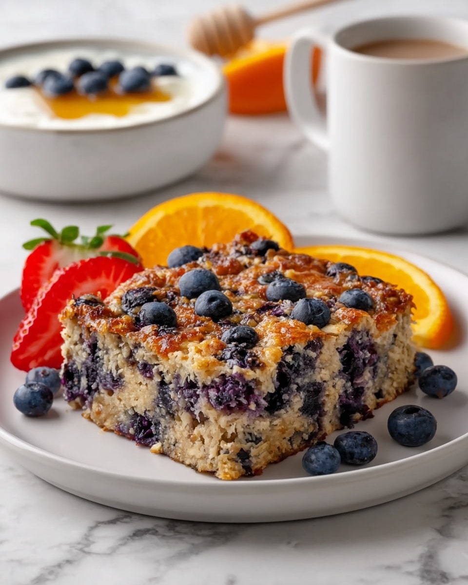 A thick square slice of baked oatmeal with visible blueberries baked into it, showing a golden brown top layer with scattered whole blueberries and a slightly crumbly, moist texture underneath filled with more blueberries; it is placed on a white round plate with two fresh strawberries, one sliced in half on the left side, and two orange slices on the right. In the background, a white bowl with creamy yogurt topped with blueberries and honey, and a white coffee cup can be seen on a white marbled surface. photo taken with an iphone --ar 4:5 --v 7