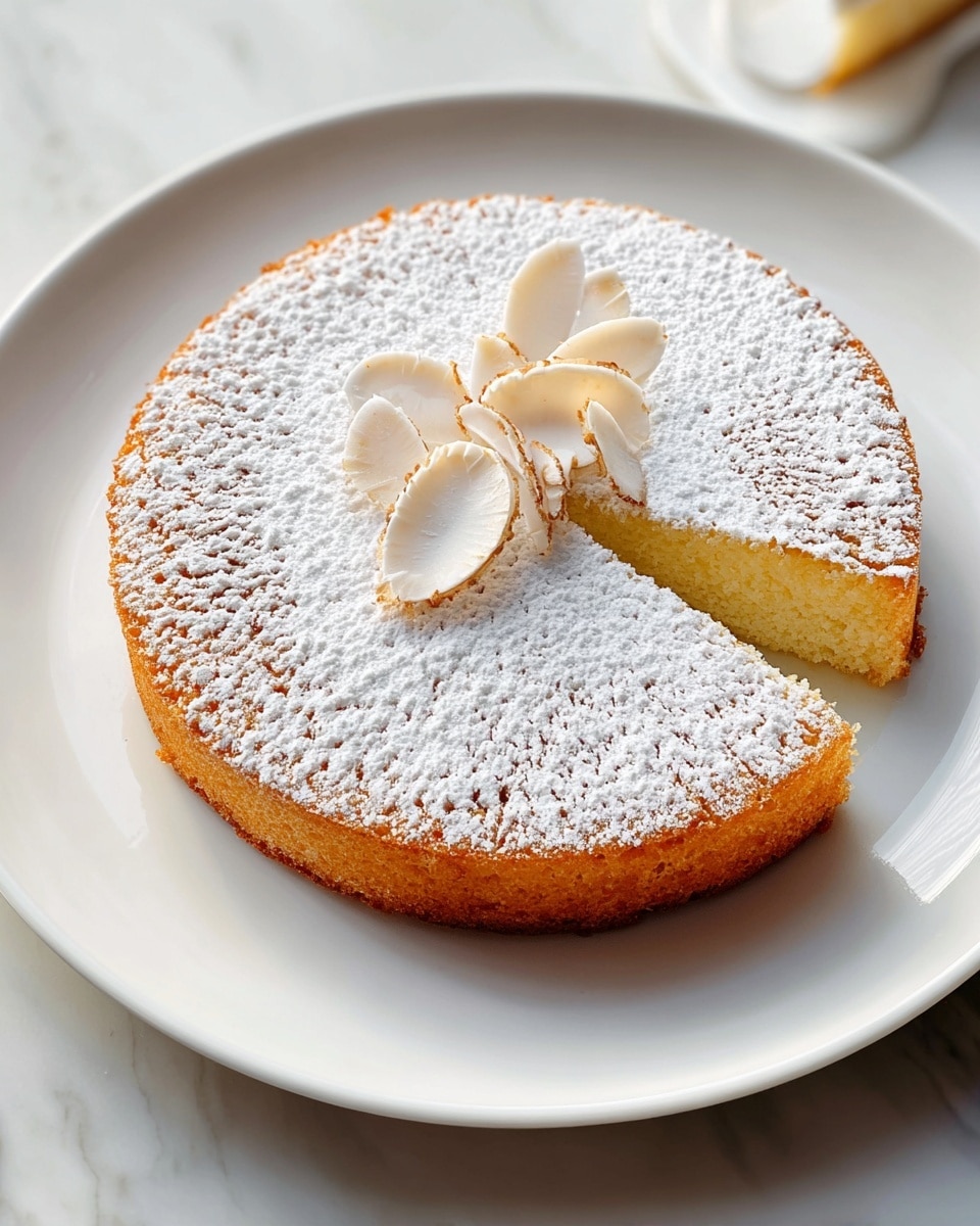 A round, single-layer cake with a golden-brown crust and soft, moist pale yellow inside sits on a white plate. The top of the cake is covered in a fine layer of white powdered sugar, creating a delicate textured pattern. Three thick white dried coconut slices with light brown edges are placed on top for decoration near the center. A small wedge has been cut out to show the cake's inside. The cake and plate rest on a white marbled surface. Photo taken with an iphone --ar 4:5 --v 7