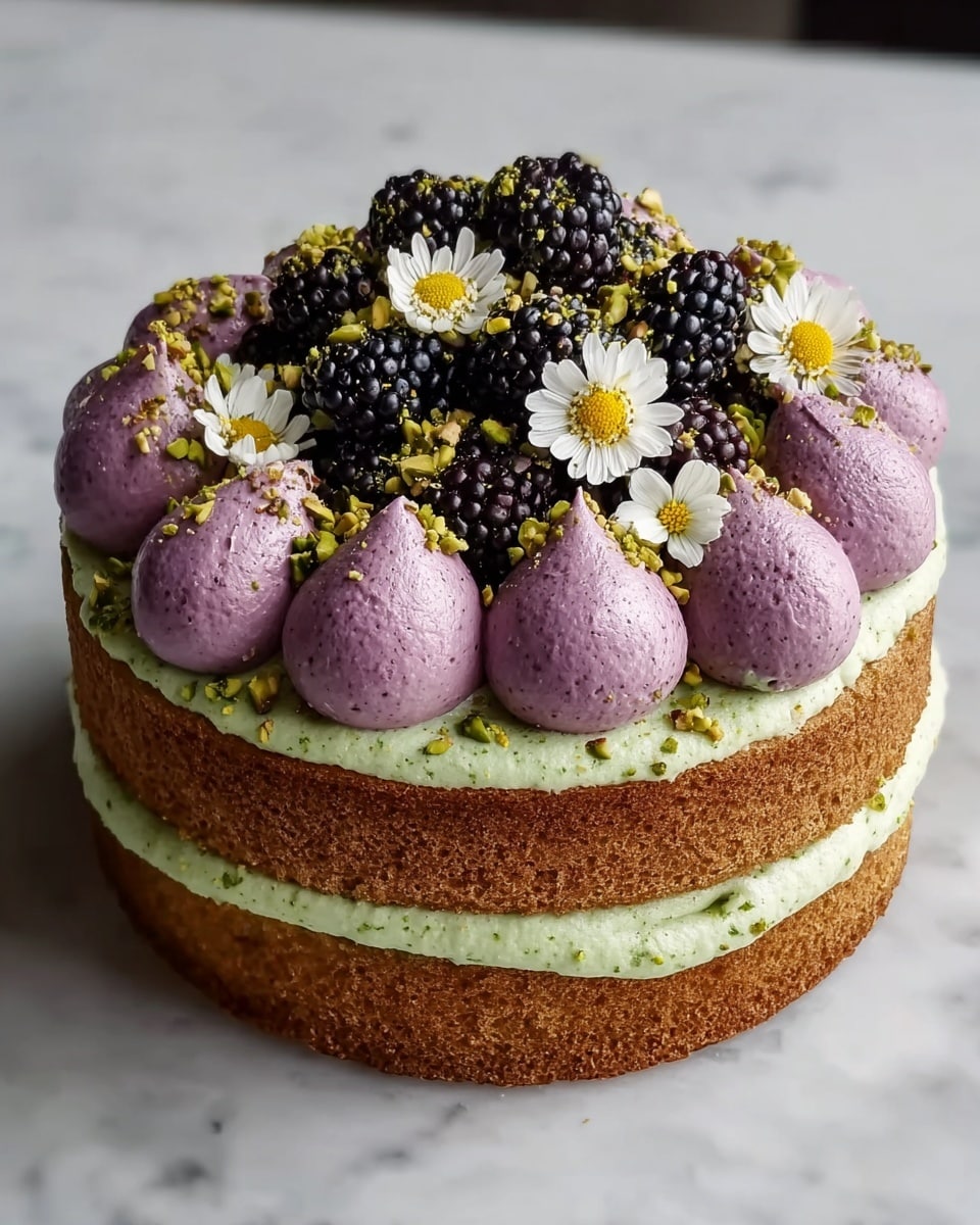 A two-layer round cake with a light brown sponge base and a thick layer of pale green cream between the layers and on the top. On the top layer, large purple dollops of mousse or frosting are evenly placed around the edge, decorated with chopped pistachios. In the center, there is a piled cluster of dark blackberries mixed with small white flowers with yellow centers, adding a fresh look. The whole cake is set against a white marbled surface. photo taken with an iphone --ar 4:5 --v 7