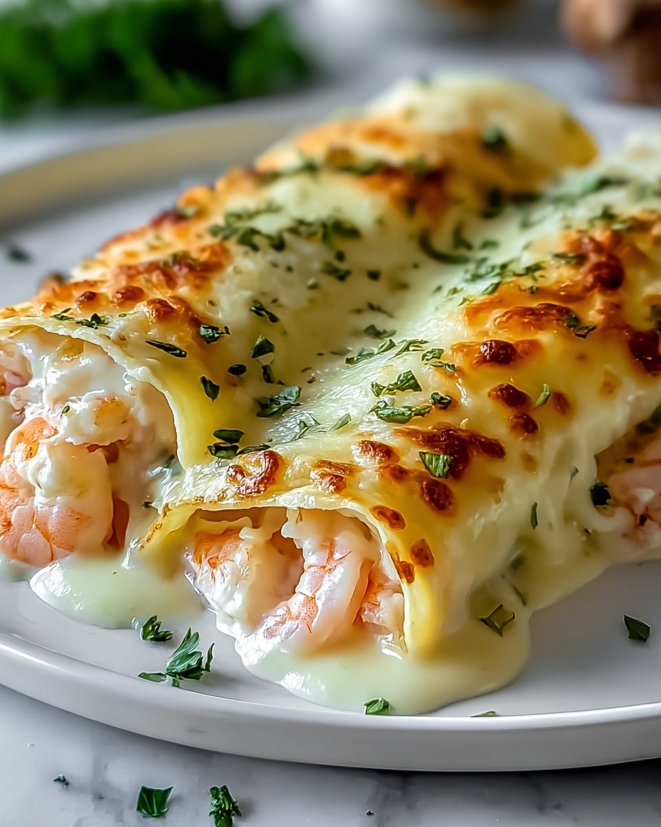 Two rolled pasta crepes sit side by side on a white plate with a smooth, creamy white sauce covering them. The top layer is browned and bubbly with melted cheese spots, sprinkled with small pieces of green herbs. Inside the crepes, visible through the open edges, are tender pink shrimp nestled in thick, cheesy layers. The plate is on a white marbled surface with more scattered green herbs around the edges. photo taken with an iphone --ar 4:5 --v 7