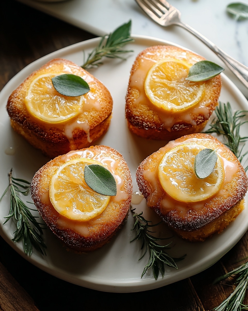 Four small golden-brown cakes with a shiny glaze sit on a round white plate. Each cake is topped with a thin slice of lemon, and one has a small green leaf decoration. The cakes have a soft, moist texture with slightly crumbly sides. Around the plate, there are sprigs of green herbs and a silver fork rests in the background. The scene is set on a white marbled surface with soft natural light highlighting the glossy tops of the cakes. photo taken with an iphone --ar 4:5 --v 7
