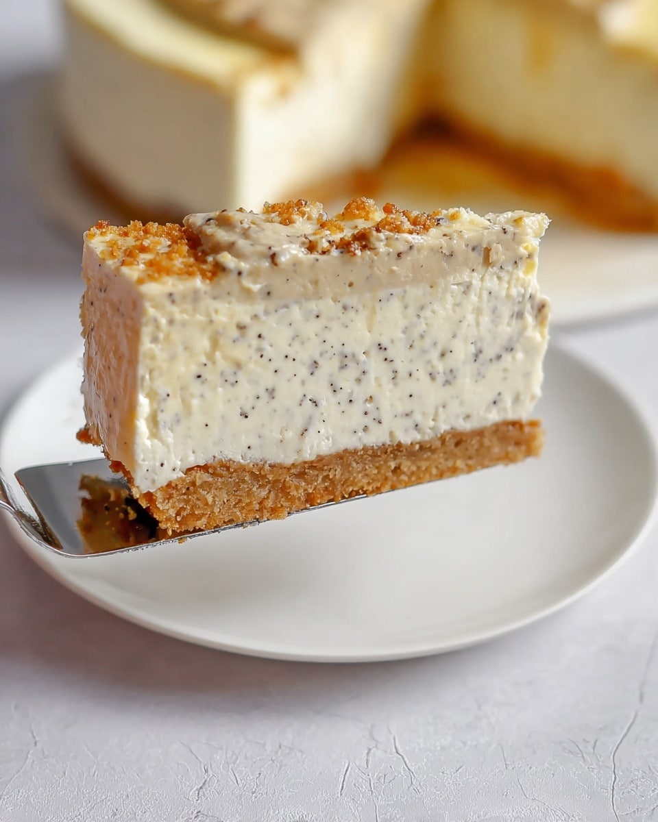 A close-up of a slice of cheesecake lifted by a metal spatula, showing three distinct layers: a bottom light brown crumbly crust, a thick middle layer of creamy white filling with visible dark specks, and a thin smooth beige layer on top. The slice is held above a simple white round plate on a white marbled texture surface, with the rest of the cheesecake slightly blurred in the background. The textures show crumbly crust, creamy filling with specks, and a shiny top layer. photo taken with an iphone --ar 4:5 --v 7