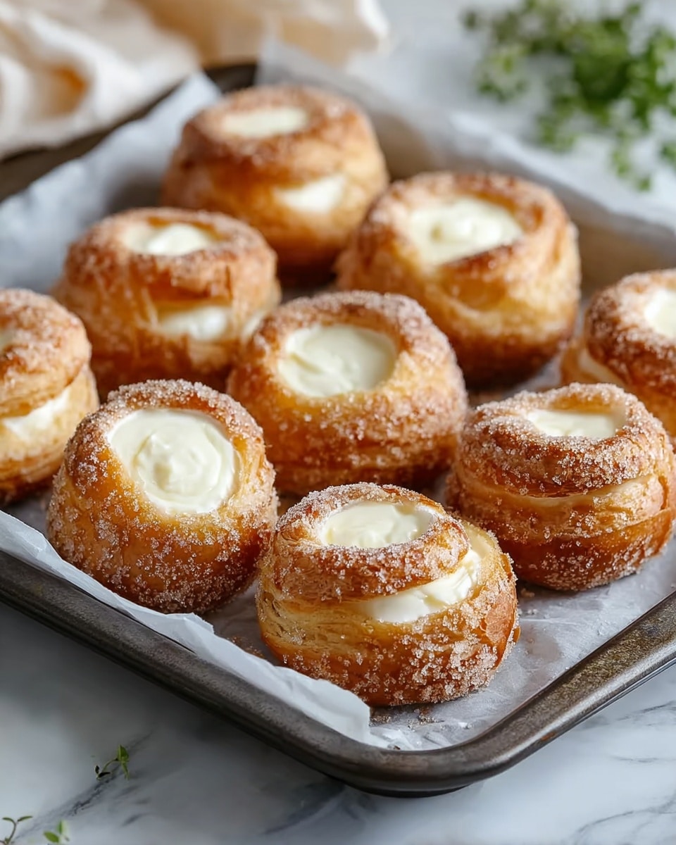 A tray holds twelve round pastries arranged in three rows of four, each with a golden-brown flaky crust coated lightly with granulated sugar, creating a slightly crispy texture. Each pastry has a hollow center filled with smooth, creamy white cheese that looks soft and slightly glossy. The pastries rest on white parchment paper inside a dark metal baking tray. The background shows a white marbled surface with a small sprig of green herbs near the corner, adding a fresh touch. The lighting highlights the warm tones of the crust and the creamy filling, making the pastries look freshly baked and inviting. Photo taken with an iphone --ar 4:5 --v 7