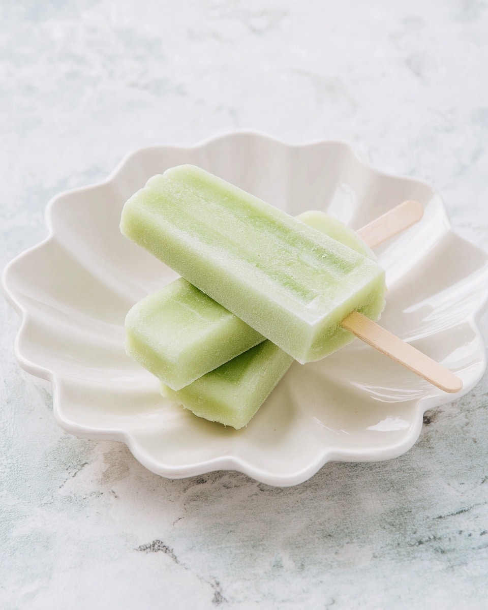 Two pale green popsicles with a smooth and slightly frosty texture are stacked on a white scalloped plate shaped like flower petals. Each popsicle has a light wooden stick extending from one end. The plate sits on a white marbled surface, and parts of two other white scalloped plates are visible around the main plate. The overall scene is bright and softly lit, giving a fresh and clean feel. photo taken with an iphone --ar 4:5 --v 7