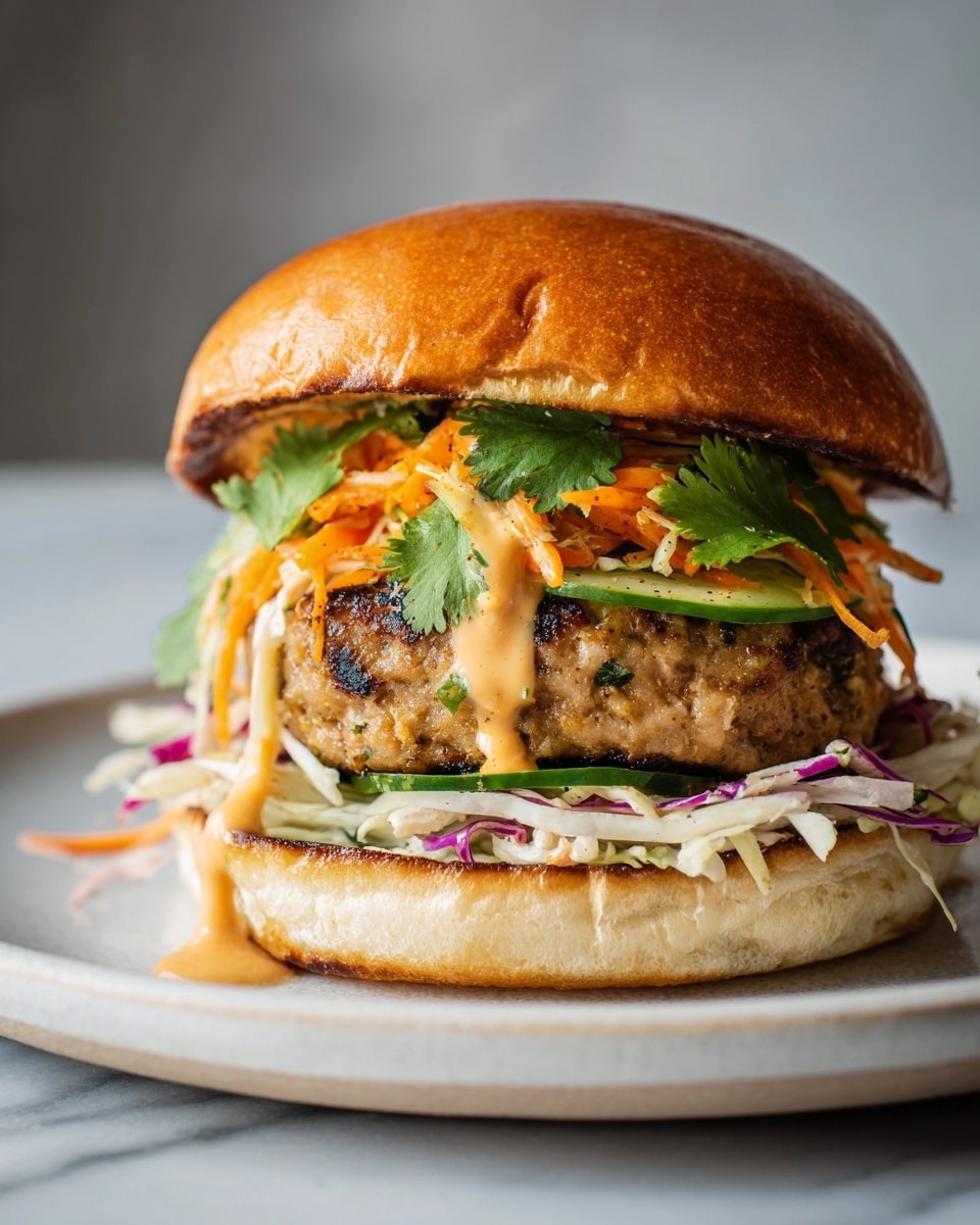 A close-up of a burger on a white plate, set on a white marbled texture, showing five visible layers. The bottom layer is a toasted bun with a golden brown color. Above it is a mix of shredded white and purple cabbage with thin orange carrot strips and bright green cucumber slices. On top of this is a thick, browned grilled patty with visible herbs and a rough texture. The fourth layer features shredded orange carrots mixed with green cilantro leaves, all drizzled with a creamy light orange sauce that drips slightly down the sides. The whole is topped with a shiny, golden brown toasted bun. Photo taken with an iphone --ar 4:5 --v 7