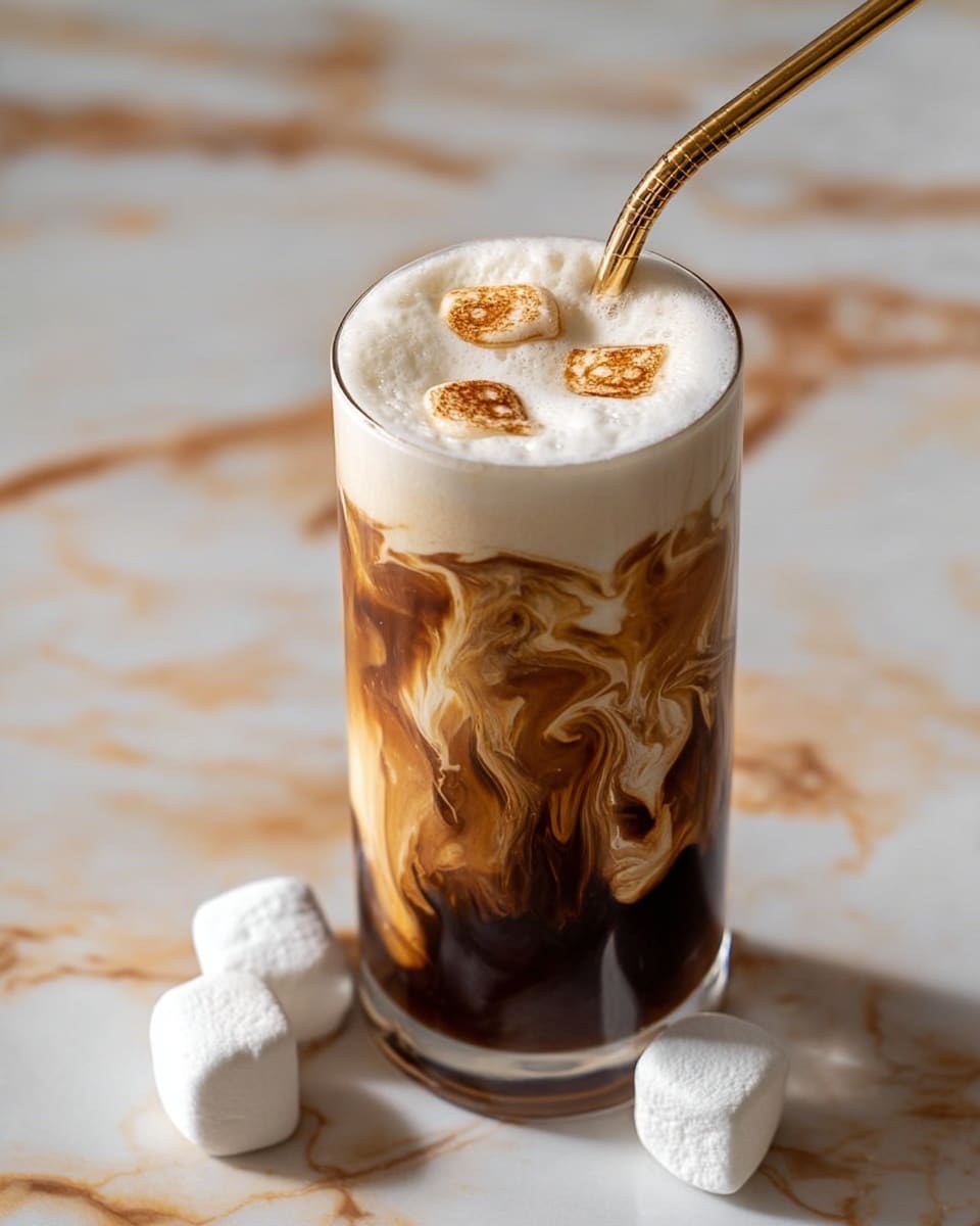 A tall clear glass is filled with three main layers: the bottom layer is dark coffee with rich brown swirls mixing into the middle creamy white layer, creating a marbled effect; the top layer is thick white foam with a smooth texture and three light brown toasted marks arranged in a smiling face pattern. A shiny gold metal straw is inserted on one side of the glass, leaning slightly outwards. Nearby, three small white marshmallows rest on a white marbled surface. photo taken with an iphone --ar 4:5 --v 7