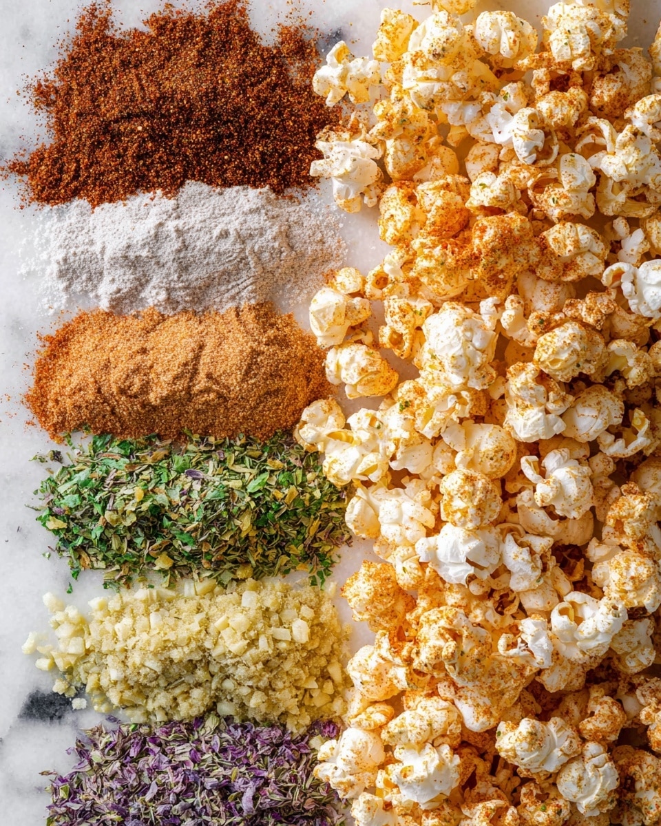The image shows a close-up of popcorn coated in various spices, spread on the right half of the frame in clusters with different seasoning colors: dark brown, light brown, yellowish with green flakes, and reddish-orange. On the left half, there are six horizontal rows of dry seasonings in powder and small leaf forms, each with different colors and textures, from white and light gray to green, purple-gray, red, and yellow-green. The popcorn pieces have rough, irregular shapes with seasoning powders clinging to their surfaces, and the background is a white marbled texture. photo taken with an iphone --ar 4:5 --v 7