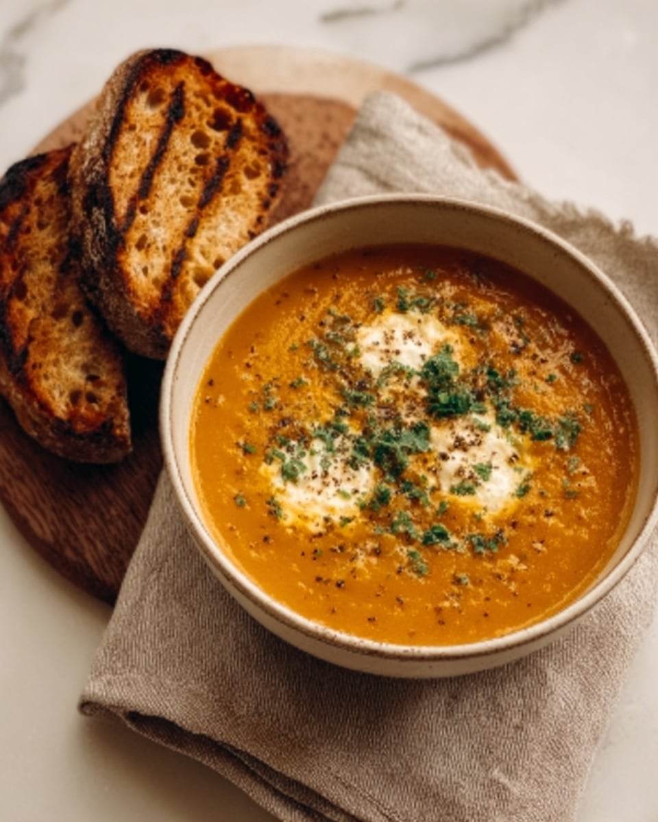 A white bowl filled with thick orange soup topped with small white dollops of cream and sprinkled with green herbs and black pepper. The bowl sits on a beige cloth napkin, and to the left, there are two pieces of toasted brown bread with grill marks resting on a white marbled surface. The overall setting looks warm and cozy. Photo taken with an iphone --ar 4:5 --v 7