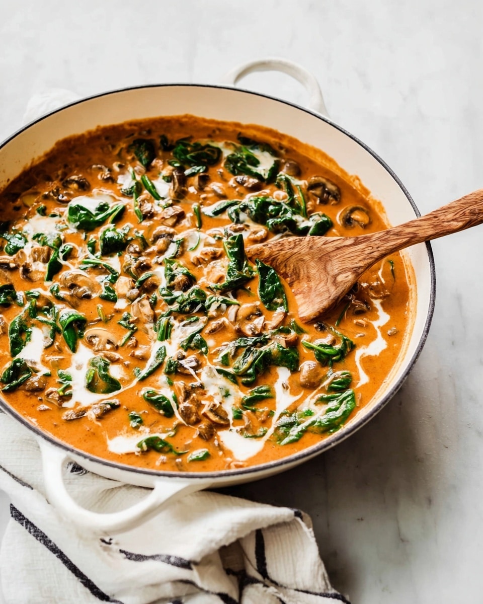 A large white skillet contains a creamy orange sauce filled with vibrant green spinach leaves and small chunks of light brown mushrooms, all mixed together in a rich texture. The sauce has swirls of white cream on top, adding a smooth contrast. A wooden spoon rests inside the skillet, partially dipped in the sauce. The skillet sits on a white marbled surface with a folded white cloth with black stripes beside it. Photo taken with an iphone --ar 4:5 --v 7