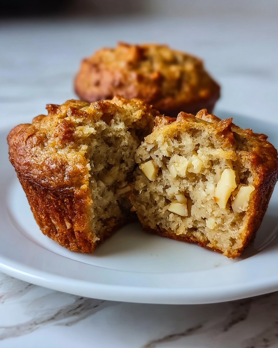 A close-up of two golden brown muffins on a white plate, one muffin split in half showing a soft, moist inside filled with small chunks of light beige nuts and banana bits, the muffin texture appears crumbly and dense, while the outside is crisp and slightly darker brown. The plate sits on a white marbled surface with a blurred background. photo taken with an iphone --ar 4:5 --v 7