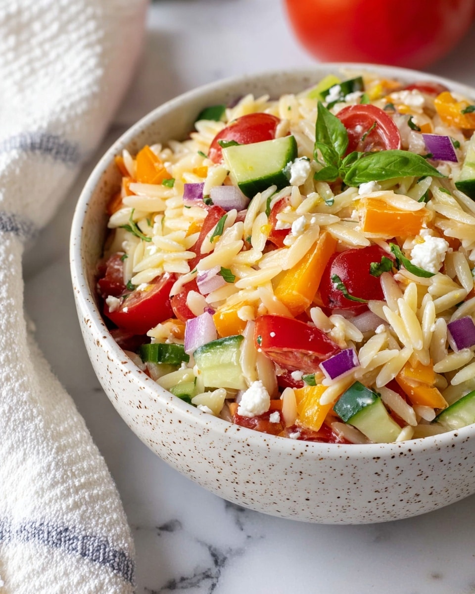A close-up of a white speckled bowl filled with a colorful orzo salad, layered with creamy white orzo pasta as the base, topped with chopped bright red cherry tomatoes, orange bell peppers, green cucumber pieces, small purple onion cubes, and scattered white feta cheese crumbles. The salad shows a mix of soft and crunchy textures with some fresh basil leaves adding a touch of green. The bowl is placed on a white marbled surface with a white and grey striped cloth partially visible to the left and a red tomato in the background. Photo taken with an iphone --ar 4:5 --v 7